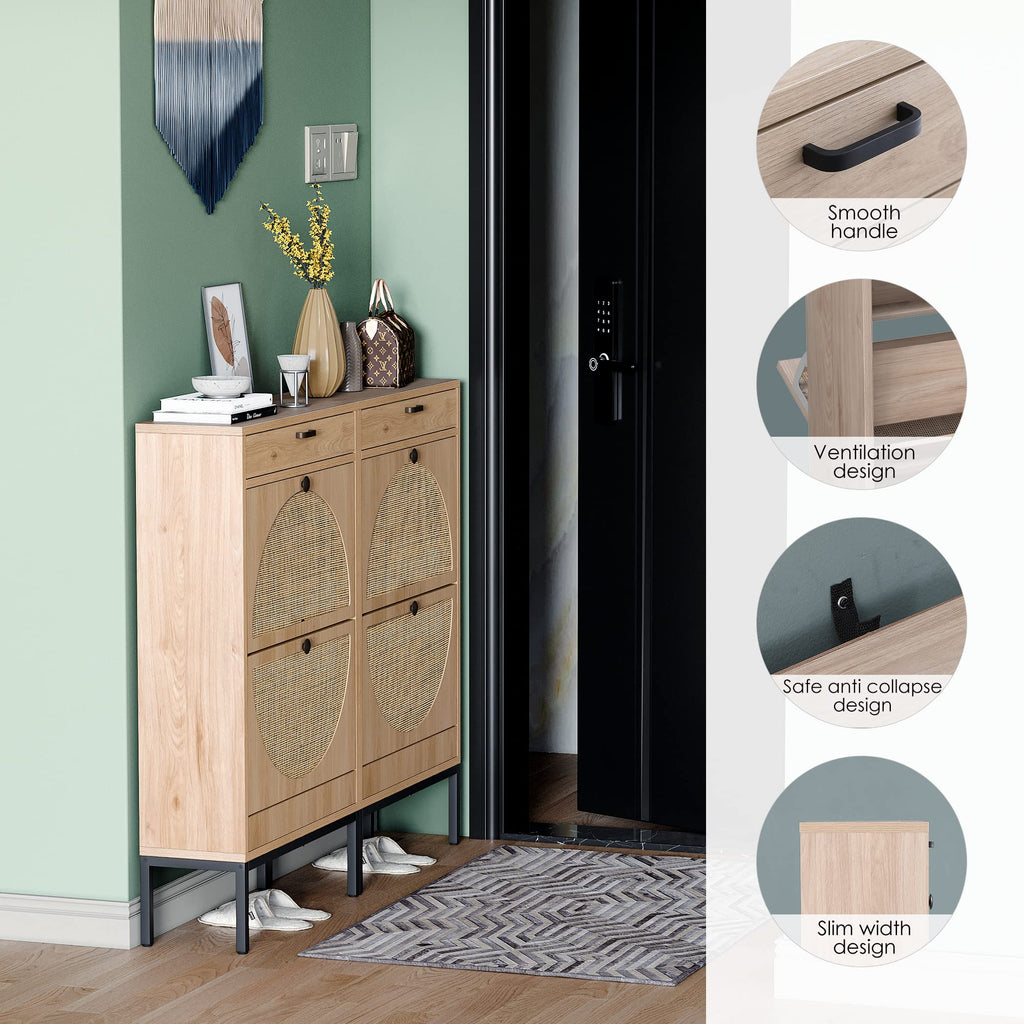 Yechen Shoe Rack Storage Organizer with 2 Natural Semi-Circular Rattan Doors, Entryway Wooden Shoe Cabinet for Sneakers, Leather Shoes, Heels, Slippers (Black)