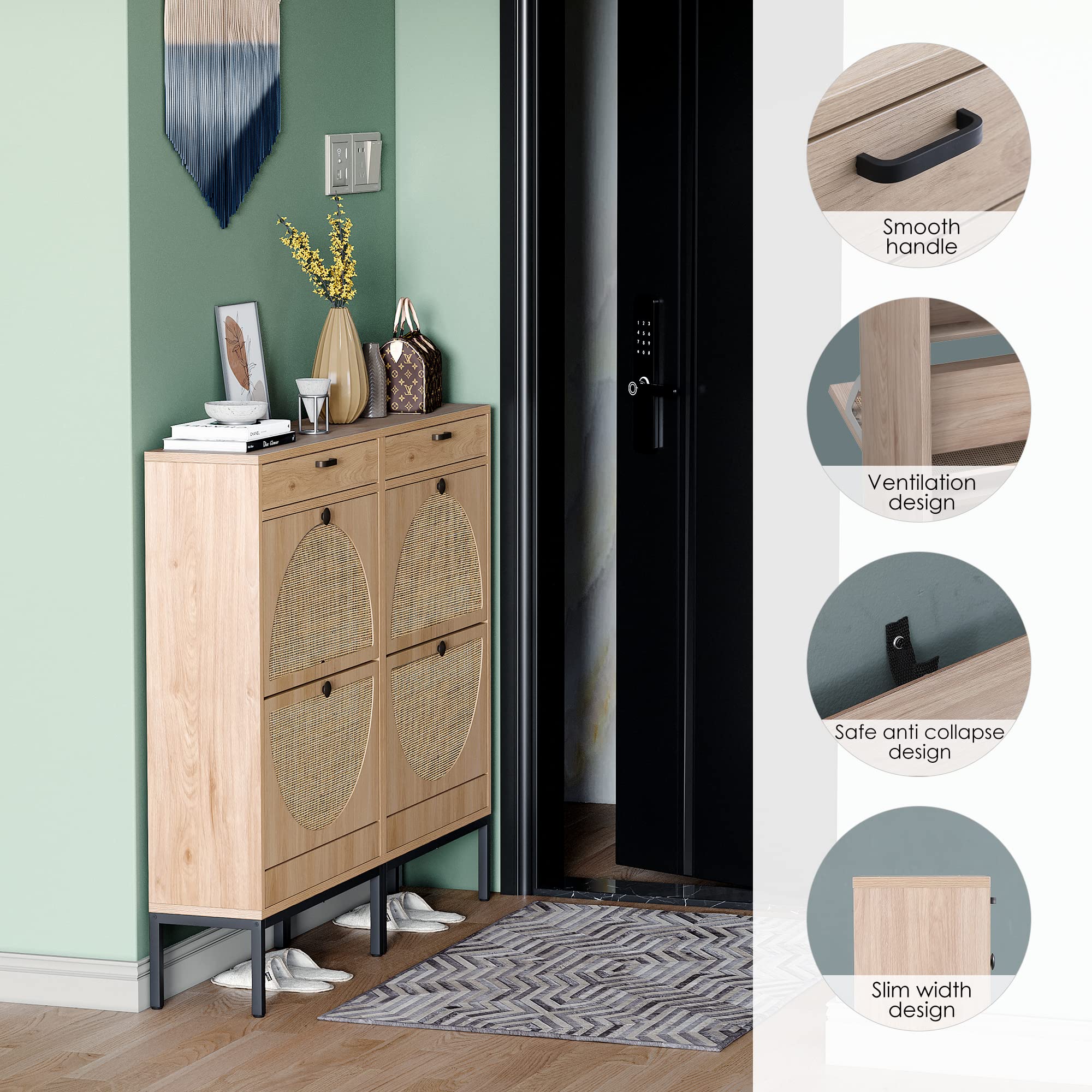 Yechen Shoe Rack Storage Organizer with 2 Natural Semi-Circular Rattan Doors, Entryway Wooden Shoe Cabinet for Sneakers, Leather Shoes, Heels, Slippers (Black)
