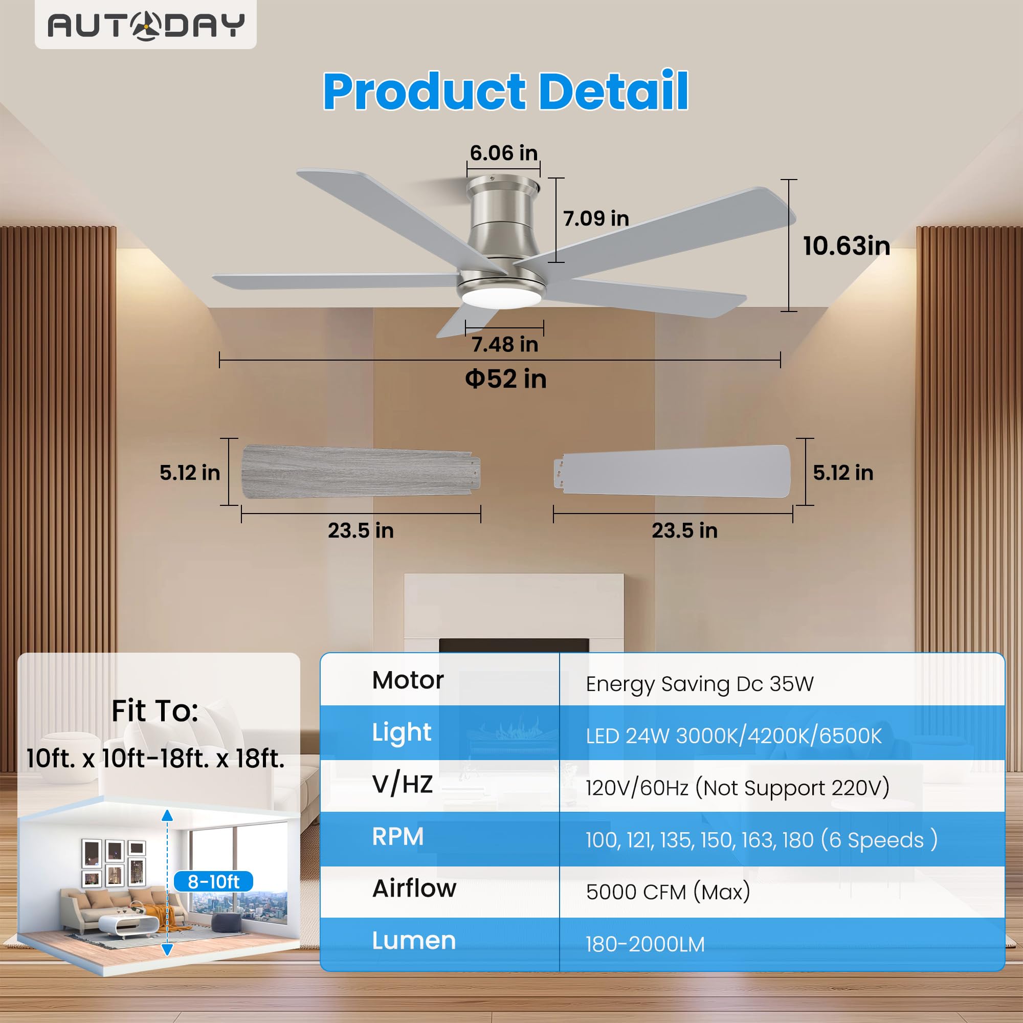 42 Inch Low Profile Ceiling Fan with Light, White Ceiling Fans with Lights and Remote, Flush Mount, 6 Speeds Reversible Quiet DC, 3CCT Dimmable, Indoor Outdoor Ceiling Fans for Patios Bedroom
