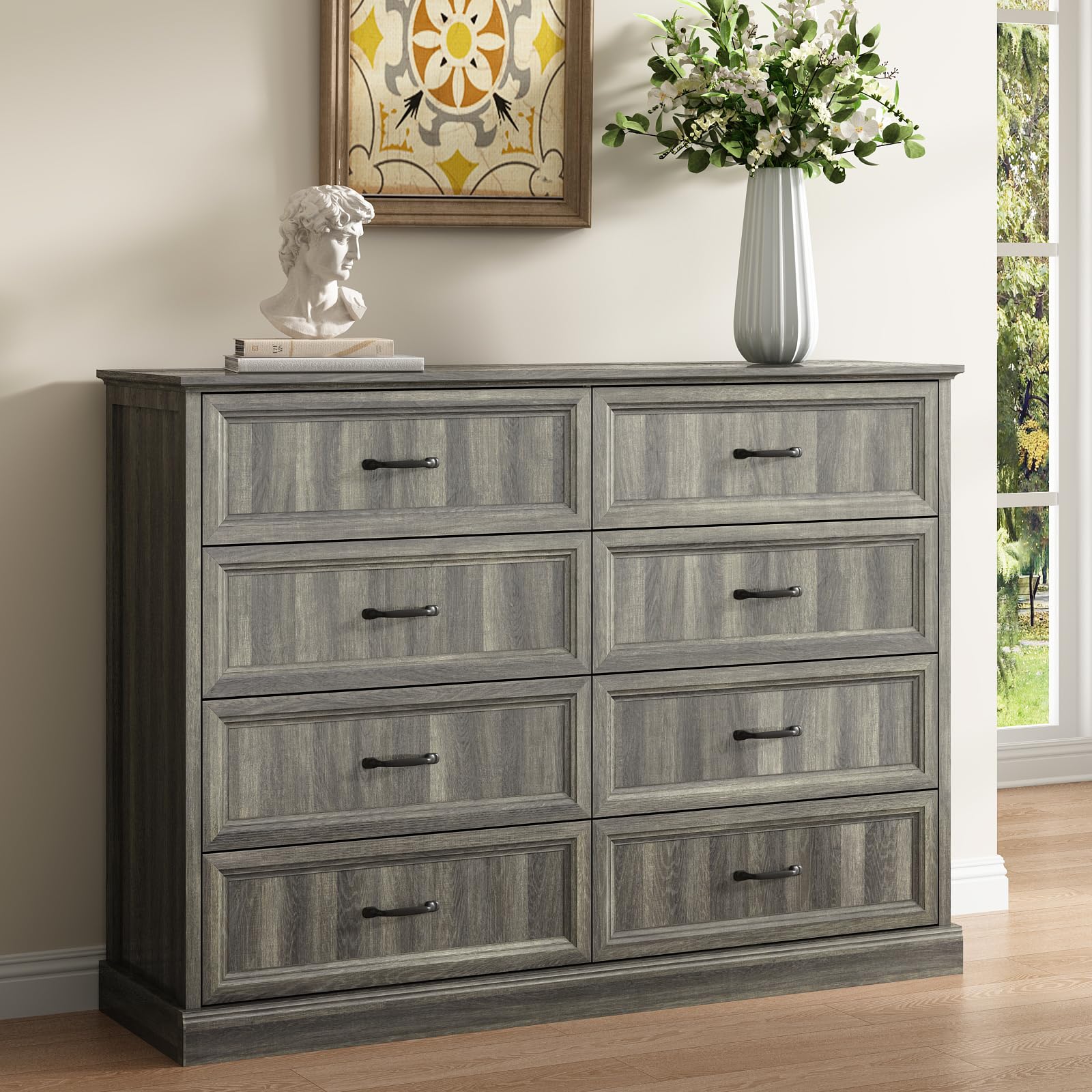 Farmhouse 5 Drawers Dresser for Bedroom, 44" Tall Brown dresser Wood Rustic Chest of Drawers with Wide Metal Handle,Natural Texture,Drawer Organizer for Bedroom,Living Room,Hallway and Entryway