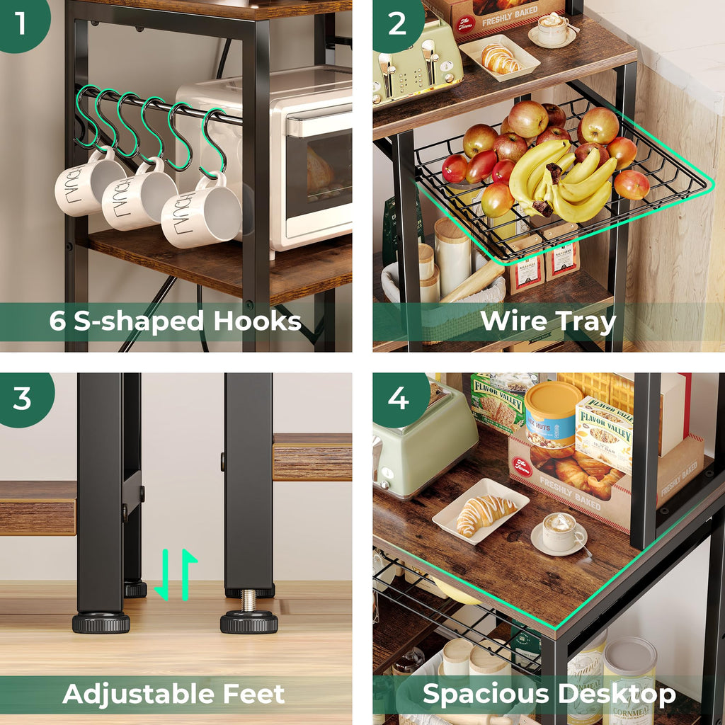 SUPERJARE Bakers Rack with Power Outlet, 35.4 Inches Coffee Bar with Wire Basket, Kitchen Microwave Stand with 6 S-Shaped Hooks, Open Storage Shelves, Black