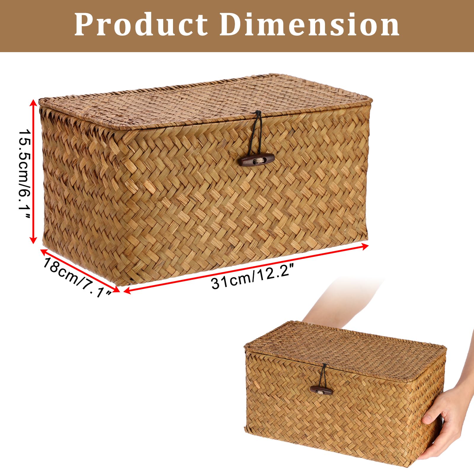 Sumnacon Wicker Basket with Lid Rectangle Woven Baskets for Toiletries Tampon Storage,Wicker Storage Basket with Lid,Decorative Seagrass Storage Baskets for Shelf Bathroom Toilet Table, Caramel