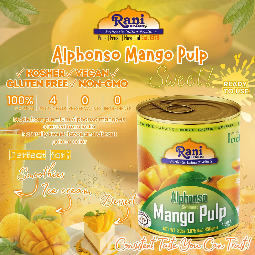 Rani Mango Pulp Puree (Makes Mango Lassi Shakes) Alphonso Sweetened 30oz (1.875lbs) 850g ~ Kosher | All Natural | NON-GMO | Vegan | No colors | Gluten Friendly | Indian Origin