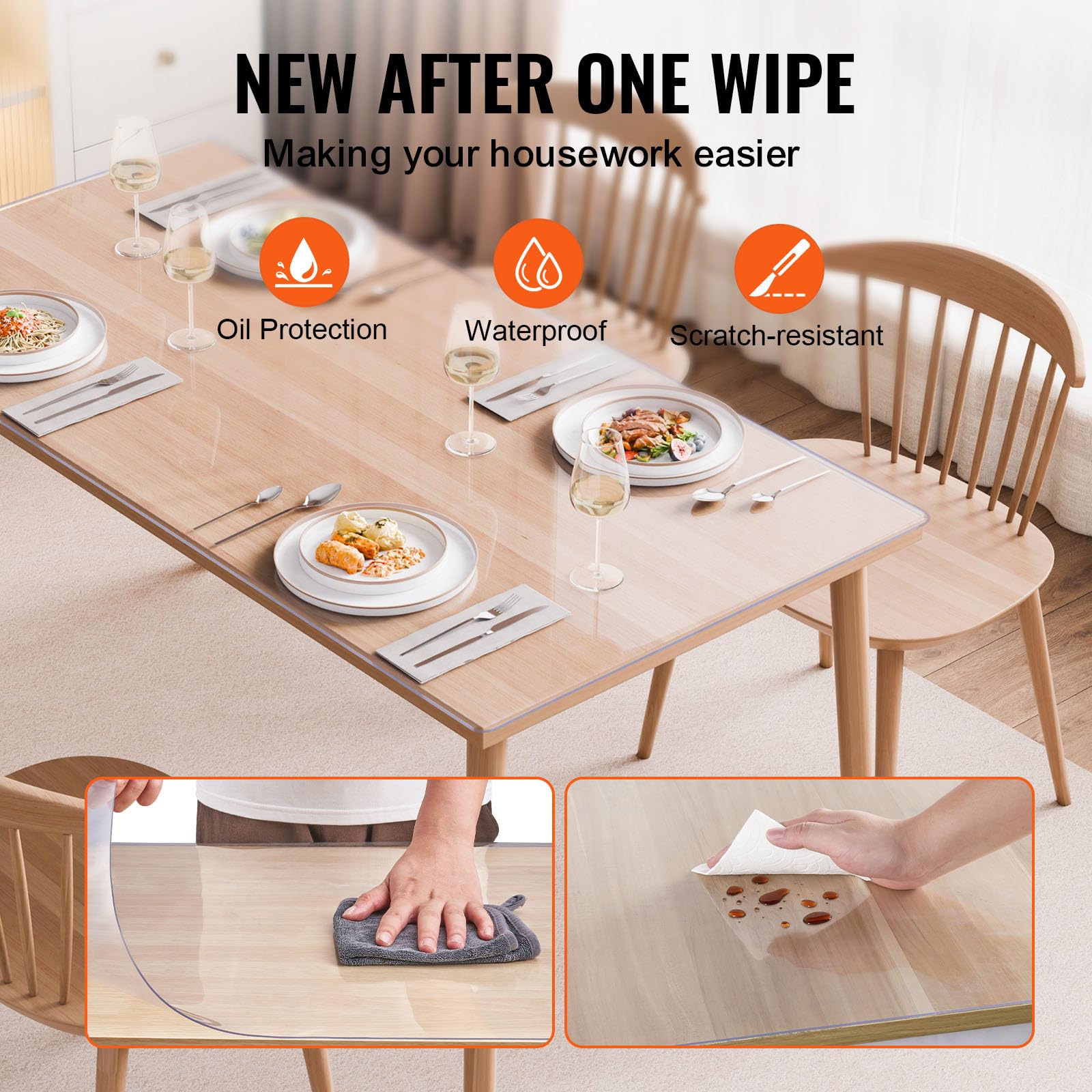 VEVOR Clear PVC Square Tablecloth, 12" x 12", 1.5mm Thick, Waterproof, Stain Resistant, Durable, Desk, Coffee Table, Dining Room Table