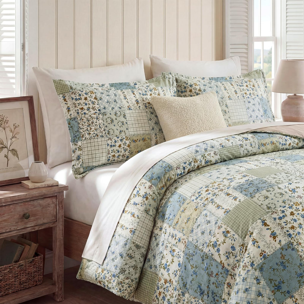 100% Natural Cotton Comforter Set Queen 3 Pcs Grayish Blue Bedding Sets with Luxurious Damask Pattern, Reversible Breathable Soft Comforter Sets for All Season
