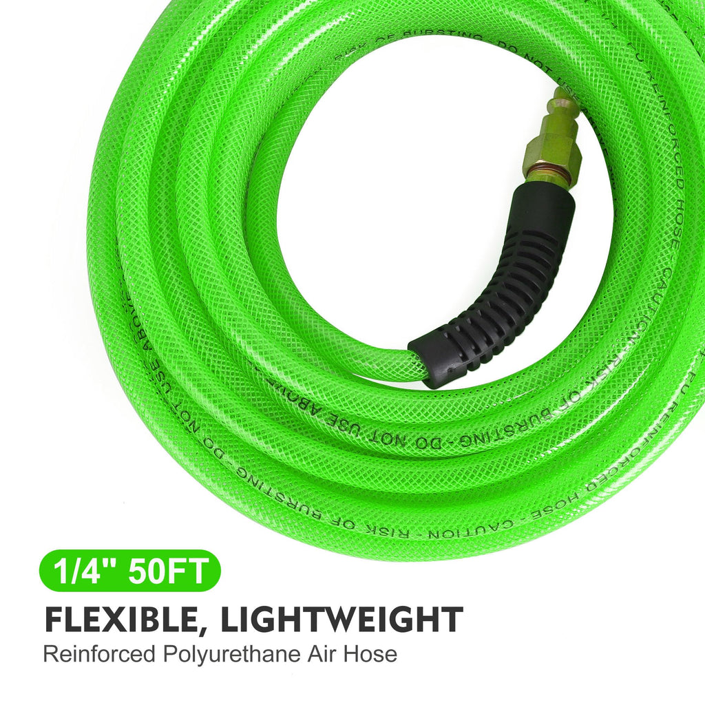 Air Compressor Hose 1/4 Inch x 25 Feet Reinforced Polyurethane (PU) Air Hose with Fittings, Bend Restrictors, 1/4" Industrial Quick Coupler and Plug Kit, Green