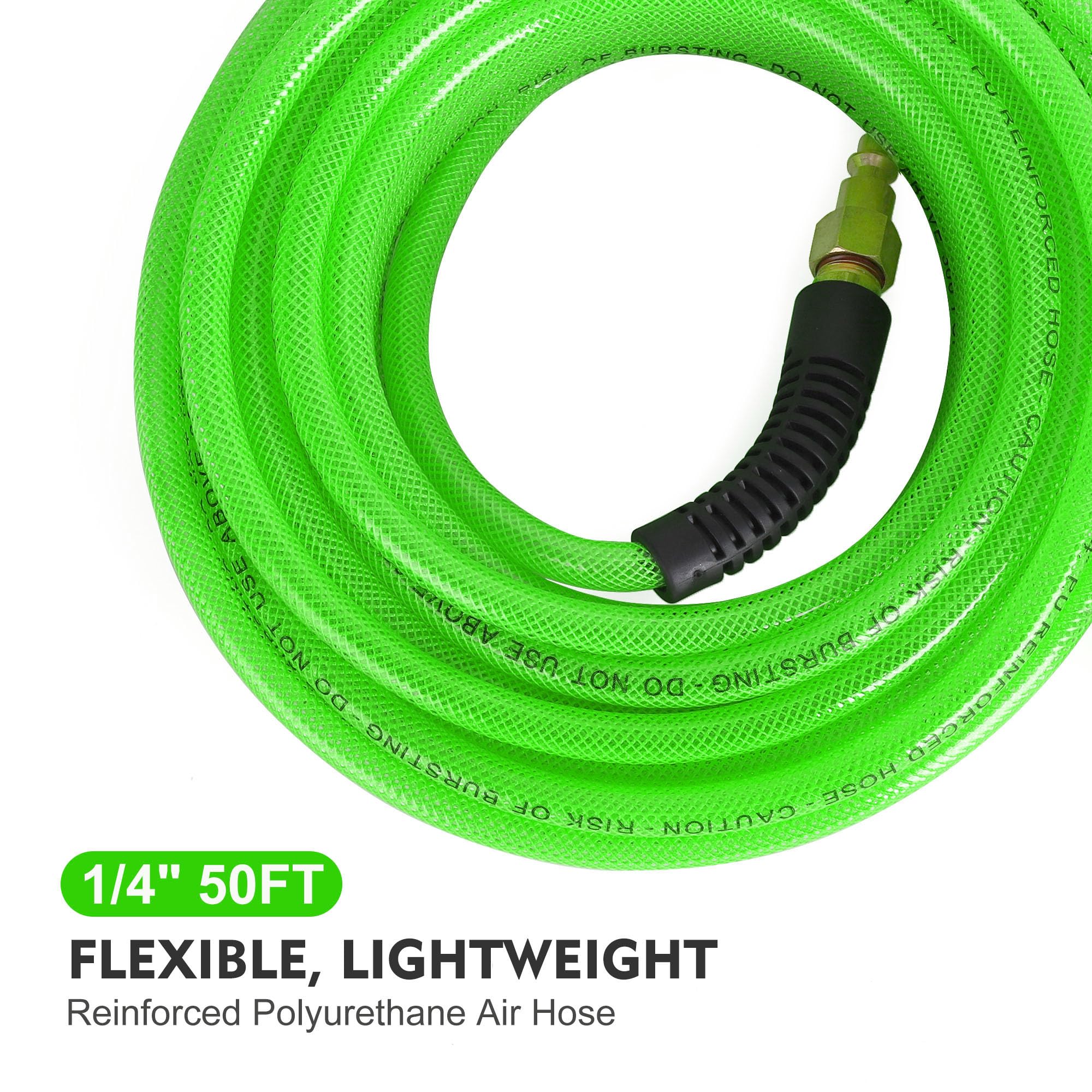 Air Compressor Hose 1/4 Inch x 25 Feet Reinforced Polyurethane (PU) Air Hose with Fittings, Bend Restrictors, 1/4" Industrial Quick Coupler and Plug Kit, Green