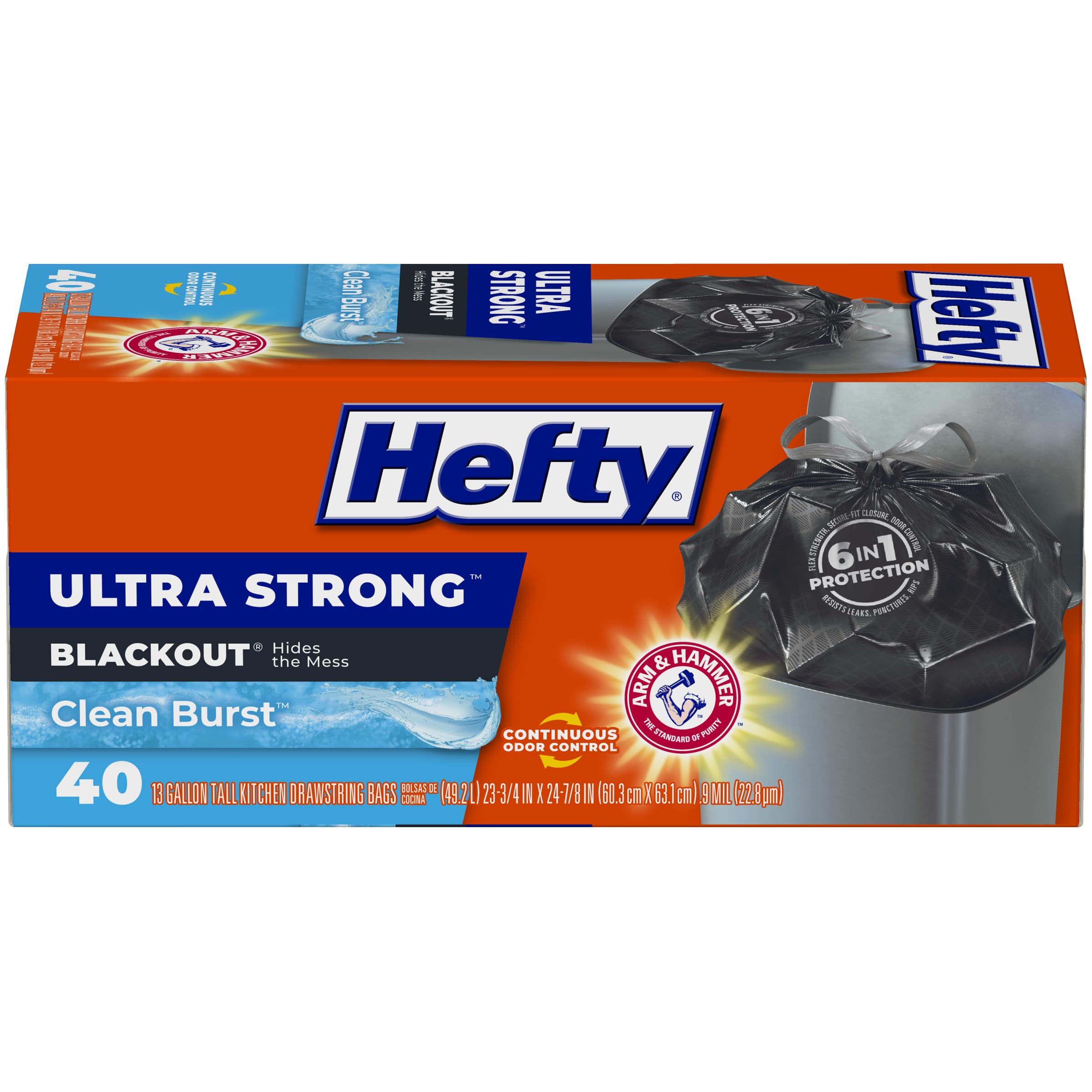 Hefty Ultra Strong 13 Gallon Trash Bags, Black Tall Kitchen Trash Bags 13 Gallon Size, Break Resistant Drawstring Enclosure, Continuous Odor Control, Blackout, Clean Burst Scent, 80 Bags