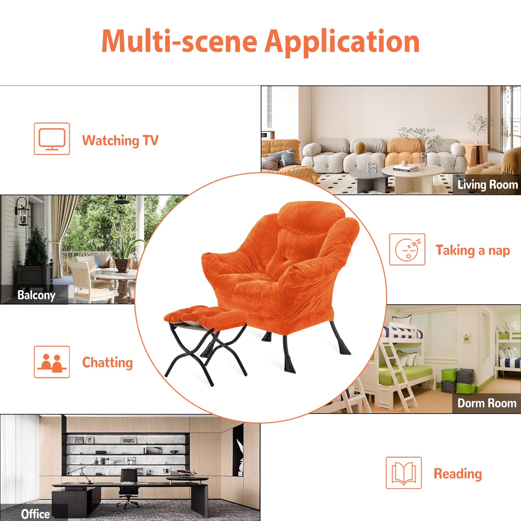 Youtanic Lazy Chair with Folding Ottoman, Accent Chair Velvet Upholstered with Metal Structure and Non-Slip Pads, Sofa Armchair with Footrest and Side Storage Bag for Dorm, Room, Office, Beige