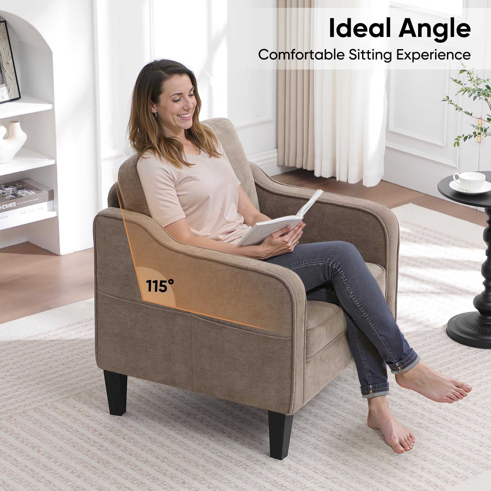 Accent Chair for Living Room, Mid Century Modern Reading Chair for Bedroom, Upholstered Armchair with Side Pockets, Comfy Single Sofa Side Chair for Office, Apartment, Small Room, Beige