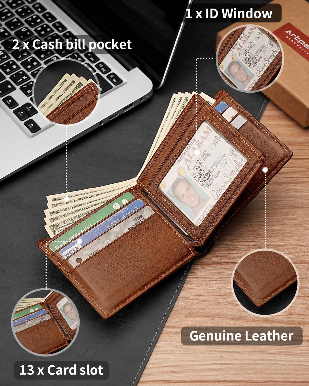 Artpaxy Mens Wallet Genuine Leather Bifold RFID Blocking Wallet for Men with 1 ID Window 13 Card Holders 2 cash pockets 1 Gift Box