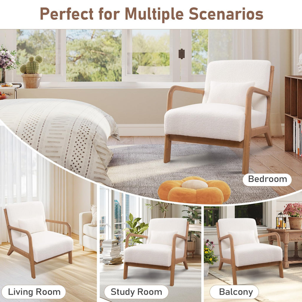 ANJ Mid Century Modern Accent Chair, Comfy Fabric Living Room Chairs with Solid Wood Frame, Lounge Reading Armchair, Easy Assembly, Beige