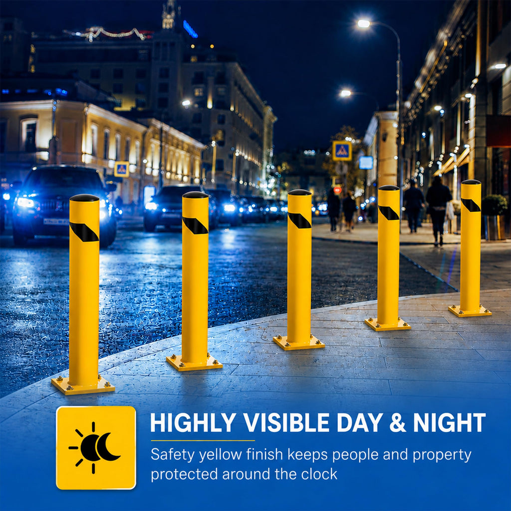 Crowd Control Warehouse Trafford Industrial Steel Bollards 24” Height, Safety Steel Post, Yellow Powder-Coated Finish Heavy Duty Fillable with Concrete, for Driveway Barrier, Parking Pole & Traffic