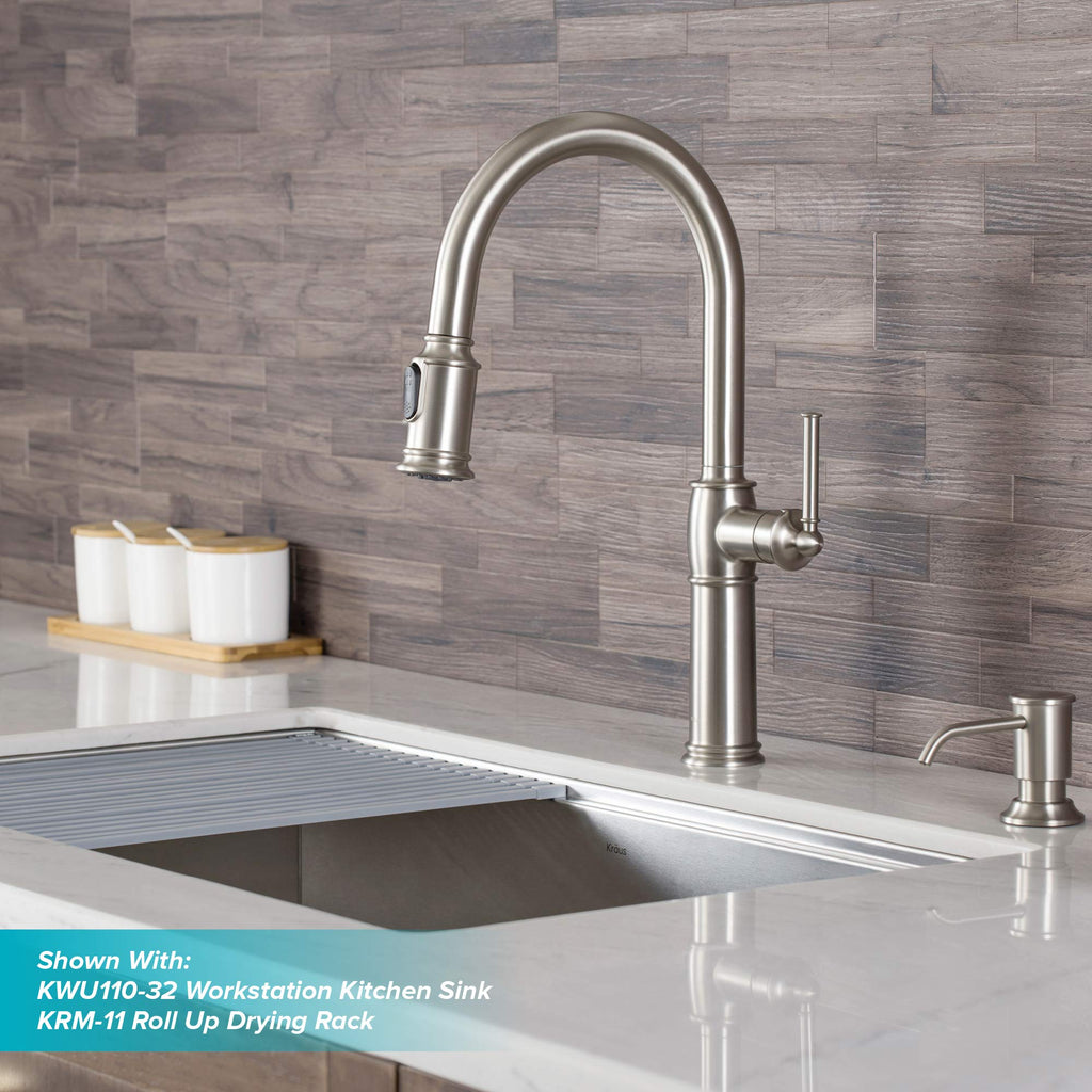 KRAUS Allyn Transitional Bridge Kitchen Faucet with Pull-Down Sprayhead in Brushed Gold, KPF-3121BG