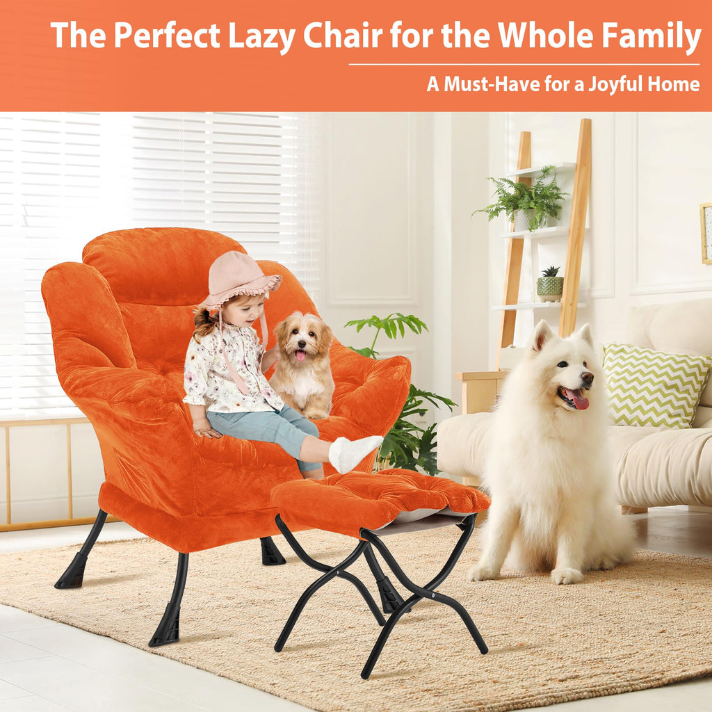 Youtanic Lazy Chair with Folding Ottoman, Accent Chair Velvet Upholstered with Metal Structure and Non-Slip Pads, Sofa Armchair with Footrest and Side Storage Bag for Dorm, Room, Office, Beige