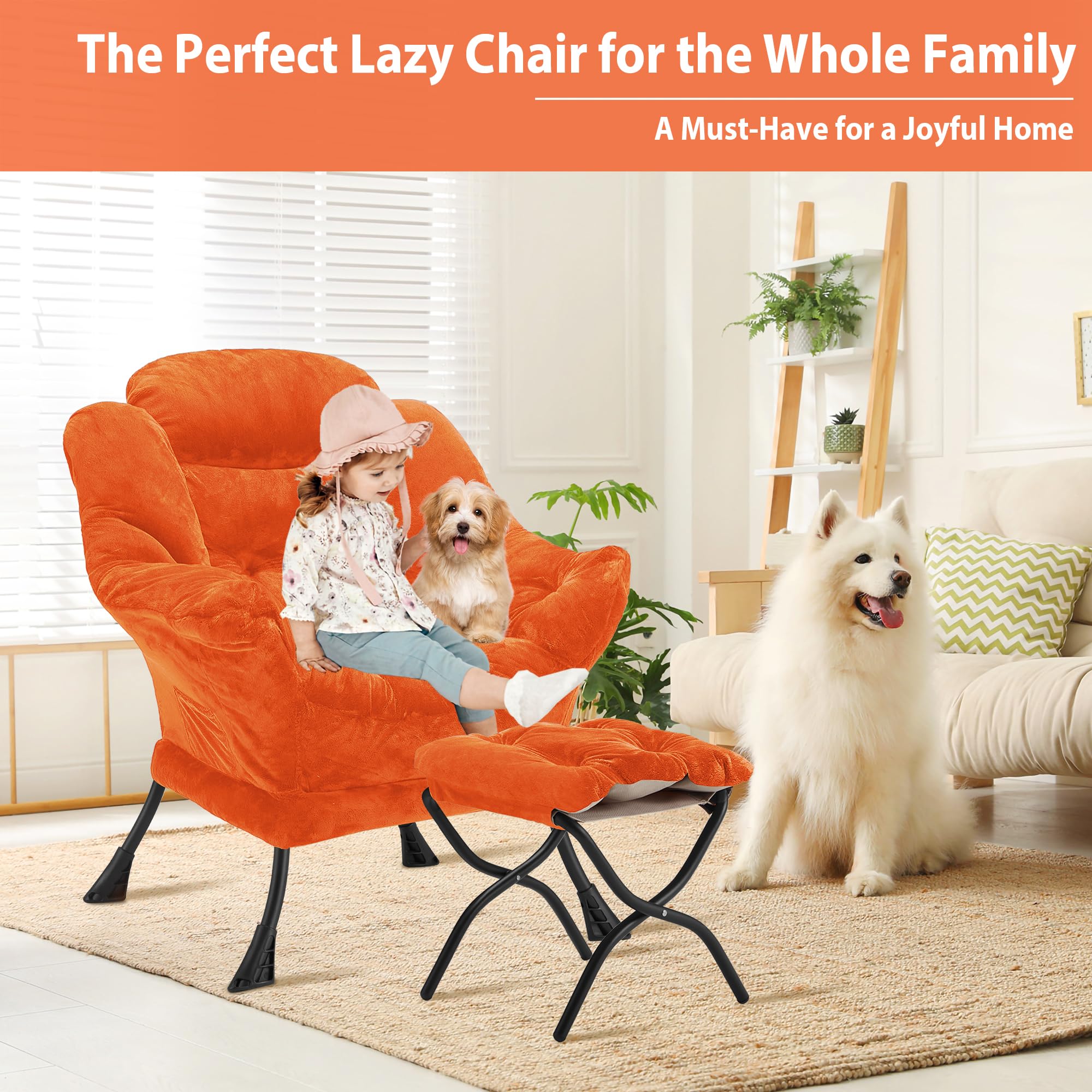 Youtanic Lazy Chair with Folding Ottoman, Accent Chair Velvet Upholstered with Metal Structure and Non-Slip Pads, Sofa Armchair with Footrest and Side Storage Bag for Dorm, Room, Office, Beige