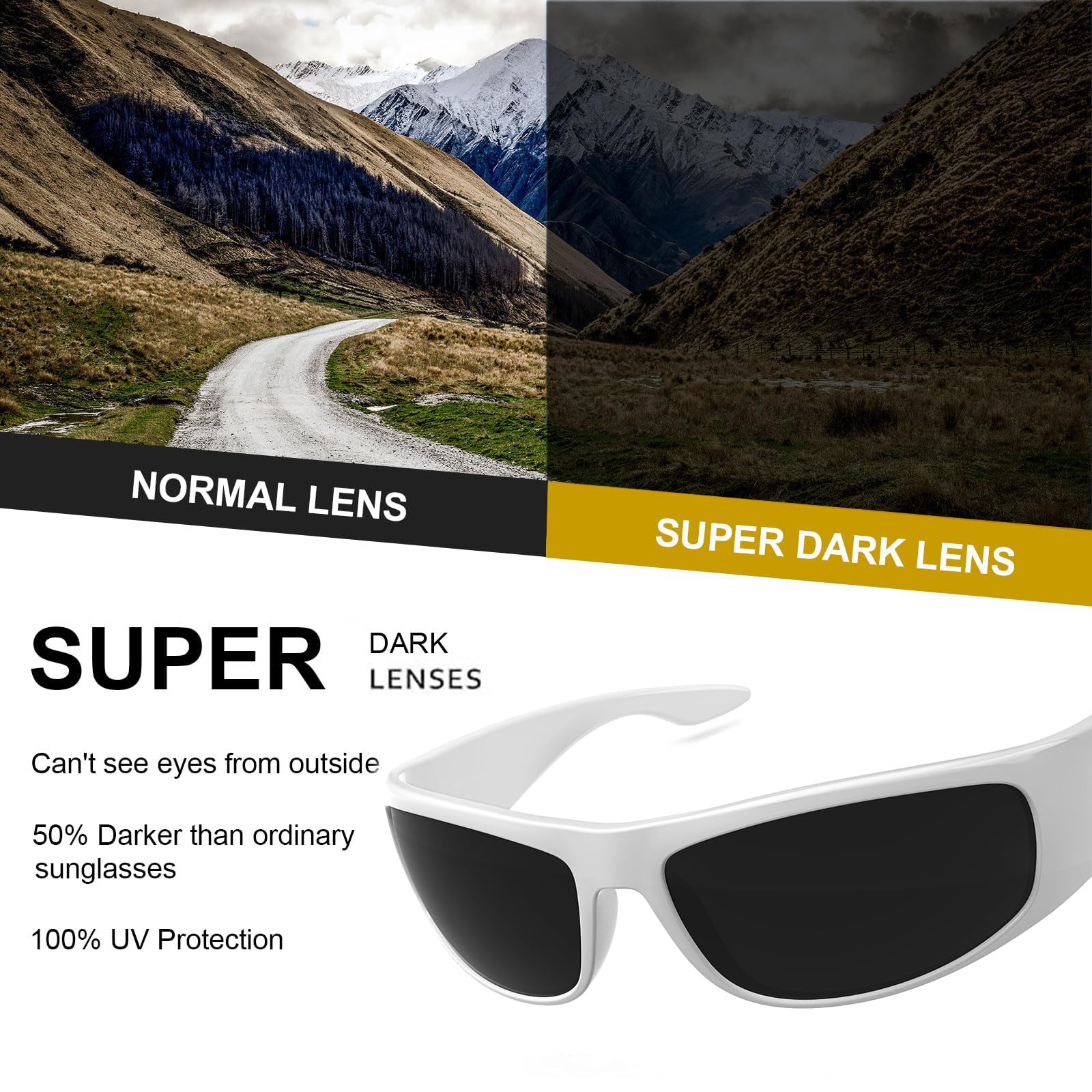 WISTON Wrap Around Sunglasses for Men Women Super Dark Blackout Sunglasses for Sensitive Eyes UV400 Protection W8005