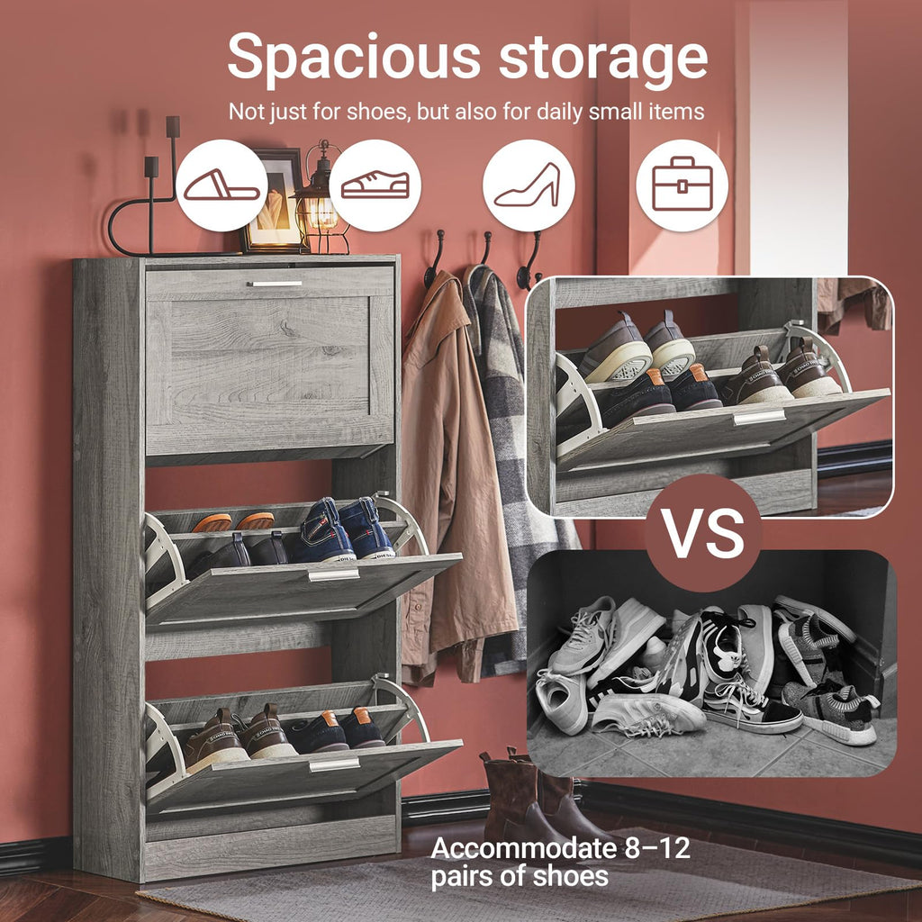 Haotian Shoe Cabinet Storage for Entryway, Narrow Shoe Cabinet with Two Flip Drawers to Save Space, Shoe Rack Cabinet for Front Door Entrance Hallway (Black)