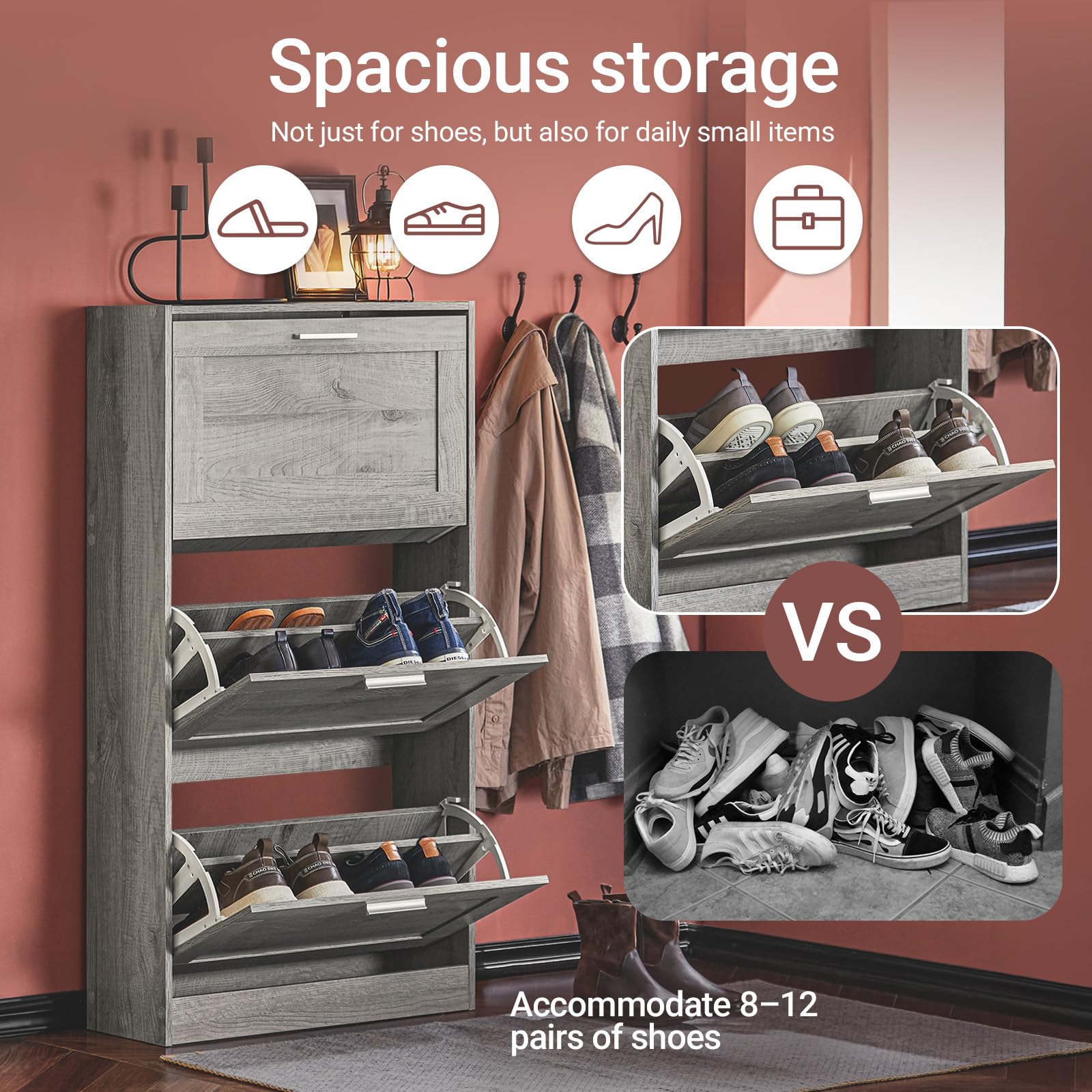Haotian Shoe Cabinet Storage for Entryway, Narrow Shoe Cabinet with Two Flip Drawers to Save Space, Shoe Rack Cabinet for Front Door Entrance Hallway (Black)
