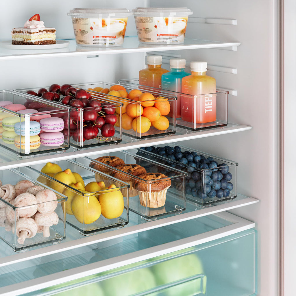 Heyuzb 2 Pack Clear Freezer Organizer Bins Stackable Storage Bins with Side Handles for Kitchen Pantry Cabinet Organzation and Storage