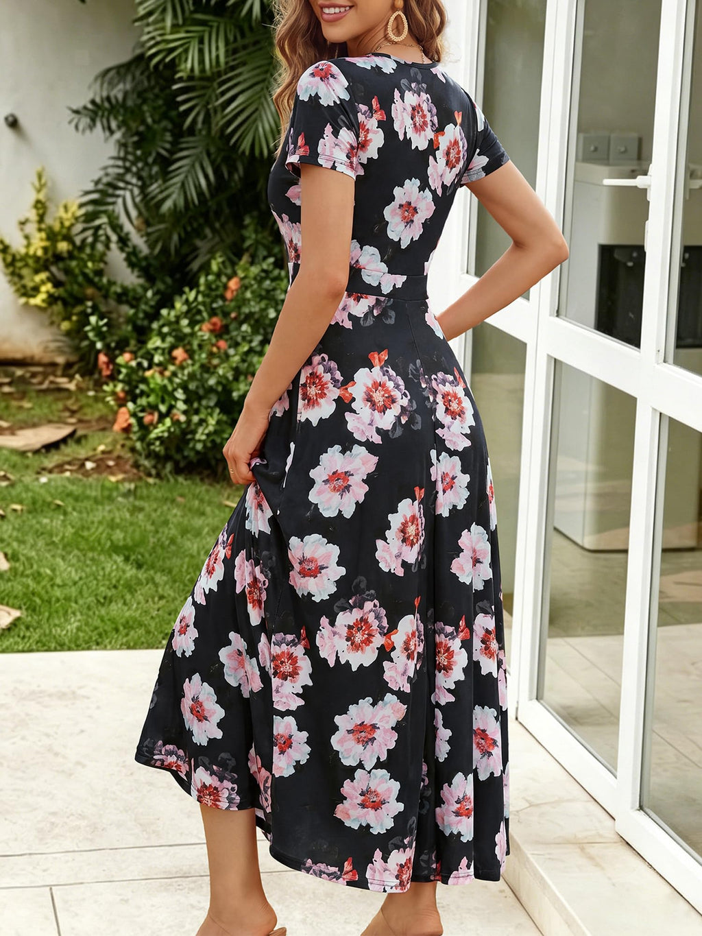 HUHOT Women's Short Sleeve Wrap V Neck Dresses for Wedding Guest Summer Floral Maxi Sundresses with Pockets Boho Dress
