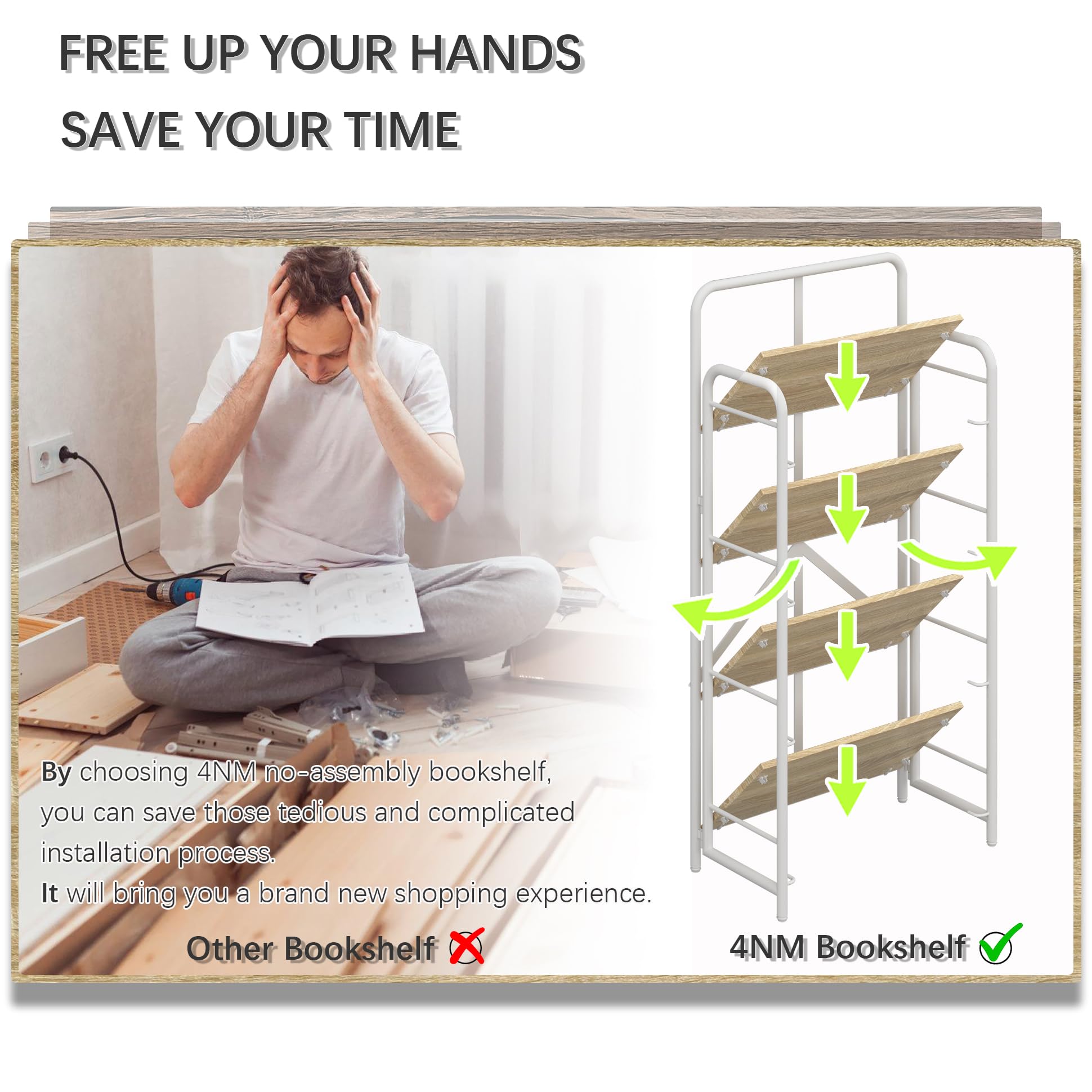 4NM No Assembly Folding Bookshelf, 3 Tiers Collapsible Book Shelves Open Industrial Foldable Storage Bookcase Shelf for Bedroom, Living Room, Home Office - Natural and White