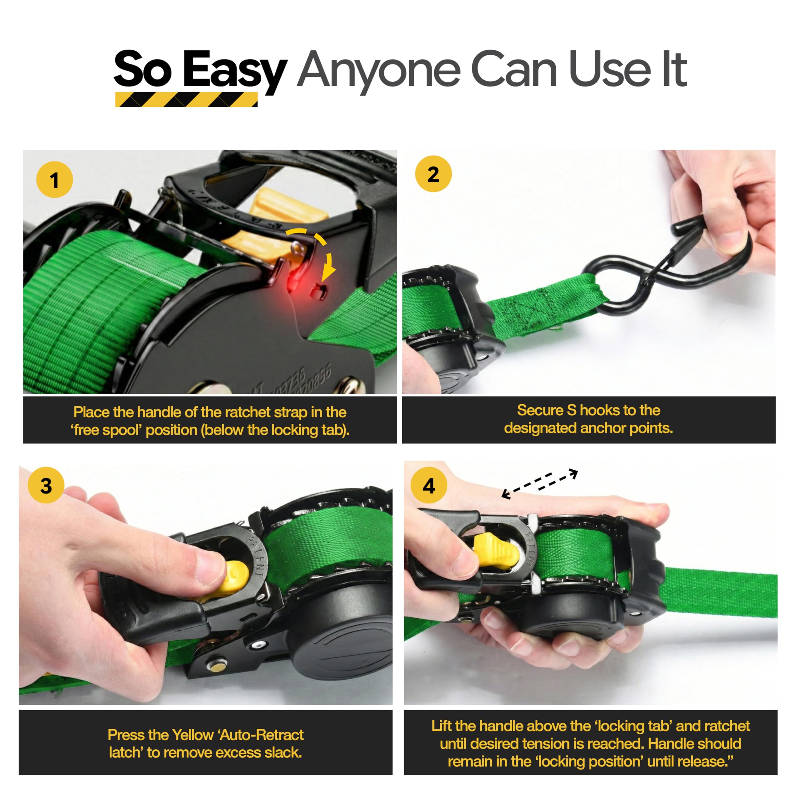AUGO Retractable Ratchet Straps | 2 Heavy Duty Ratchet Straps Self Retractable Tie Downs with Soft Loops & Storage Bag for Motorcycle, Truck, Trailer, Cargo Van | 1200 Lb Break Strength 1” x 10’