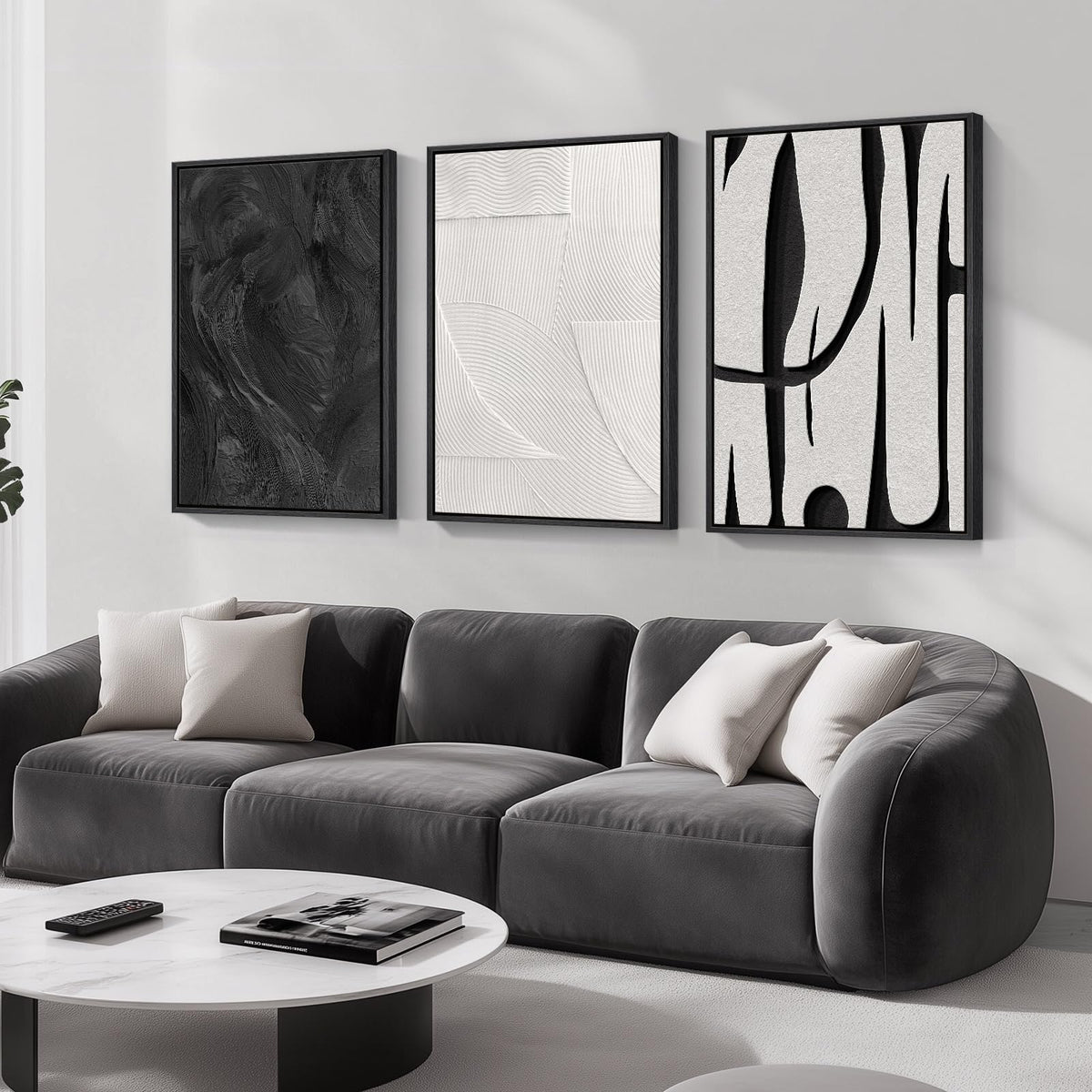 Framed Black and White Modern Abstract Wall Art, 3 Piece Canvas Prints Paintings Artwork for Walls, Minimalist Black White Grey Pictures for Living Room Dining Room Bedroom Office Wall Decor 16x24 In
