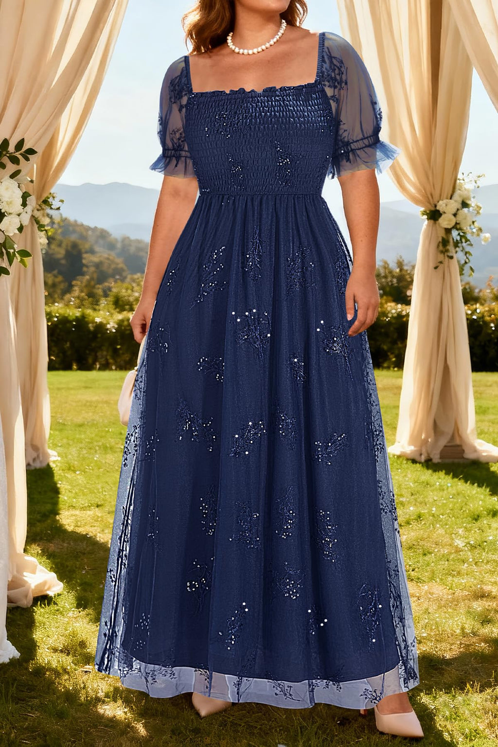 Plus Size Formal Dresses - Bridesmaid Leaf Embroidery with Sequin Tulle Prom Long Dress
