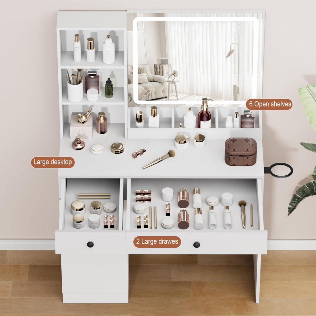 YIKEHOME Makeup Vanity Desk with Mirror and 10 Lights, 3-Colour Hollywood Brighter Bulbs, Vanity Table Set with Large Drawers and and Charging Station for Bedroom Dressing Room White