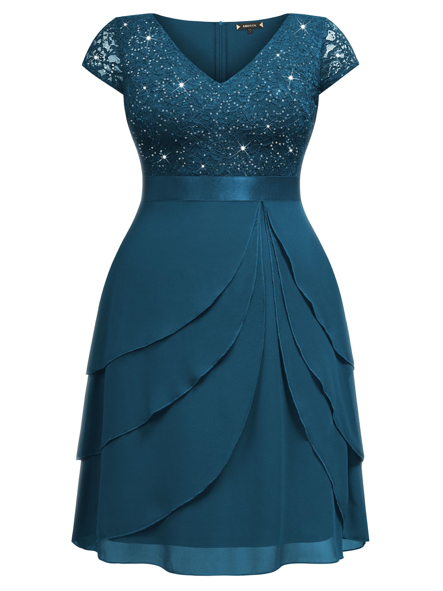 Miusol Women's Plus Size Sequin Lace V Neck Ruffle Tiered Chiffon Cocktail Party Dress