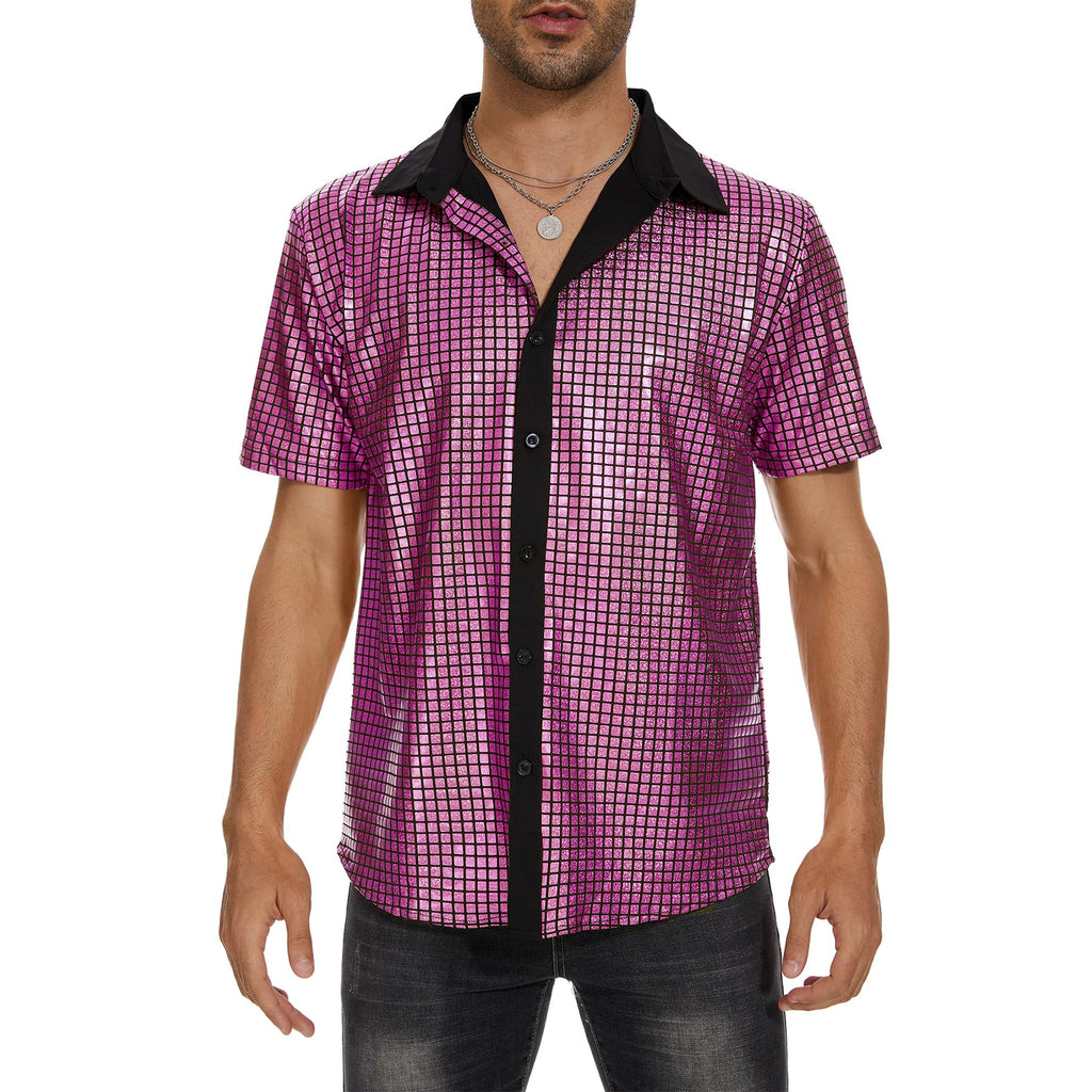 Zando Men's Sequin 70s 80s Disco Shirt - Retro Short Sleeve Button Up Costume Halloween New Year Party Outfit Top & Clubwear