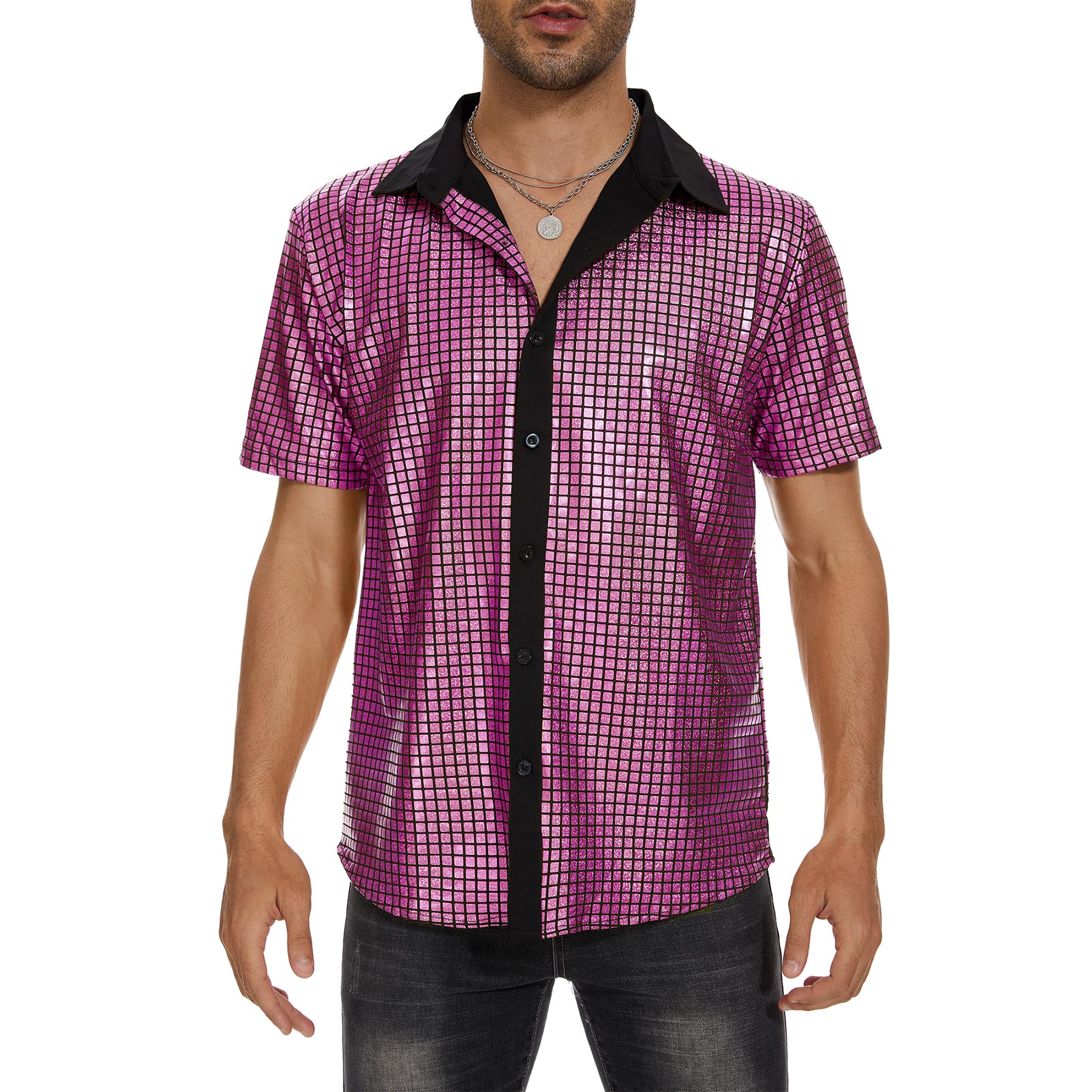 Zando Men's Sequin 70s 80s Disco Shirt - Retro Short Sleeve Button Up Costume Halloween New Year Party Outfit Top & Clubwear