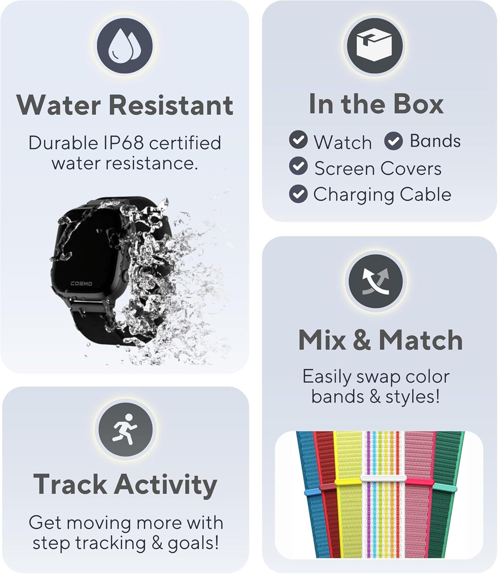 JrTrack 4 Kids Smart Watch by Cosmo | Phone Watch & GPS Tracker | Enhanced Parental Controls | Call, Text, Activity, School Lock | Spotify Music | SIM Card Included | SOS & Safety Alerts | (Black)