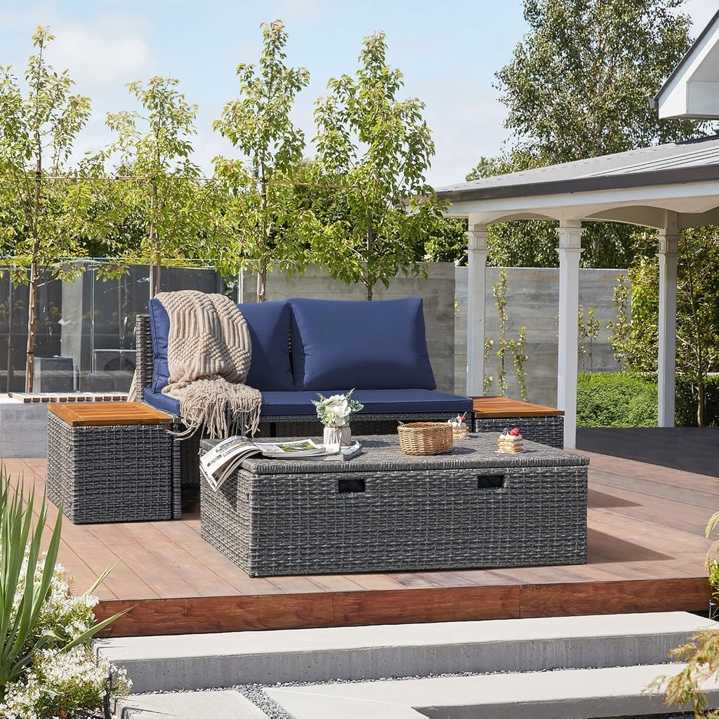 Devoko Outdoor Daybed Set Multifunctional Patio Day Bed Rattan Lounge Bed with 2 Side Tables for Backyard Porch Poolside Lawn Beach (Beige White)