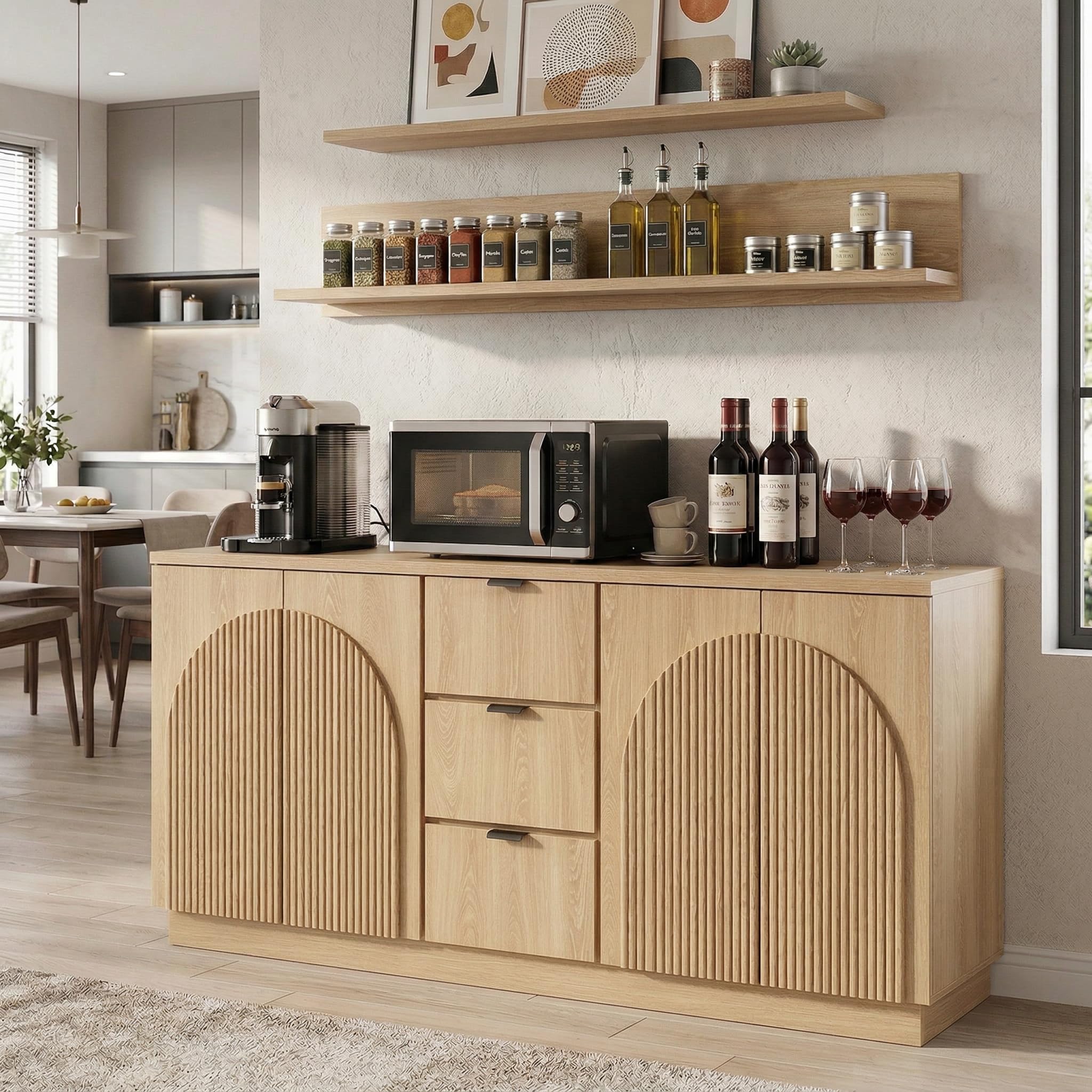 Yechen 55" Fluted Sideboard Buffet Cabinet with Storage, Wood Mid Century Modern Credenza Cabinet w/Arched Reeded Doors & Adjustable Shelves for Kitchen, Living Room, Entryway