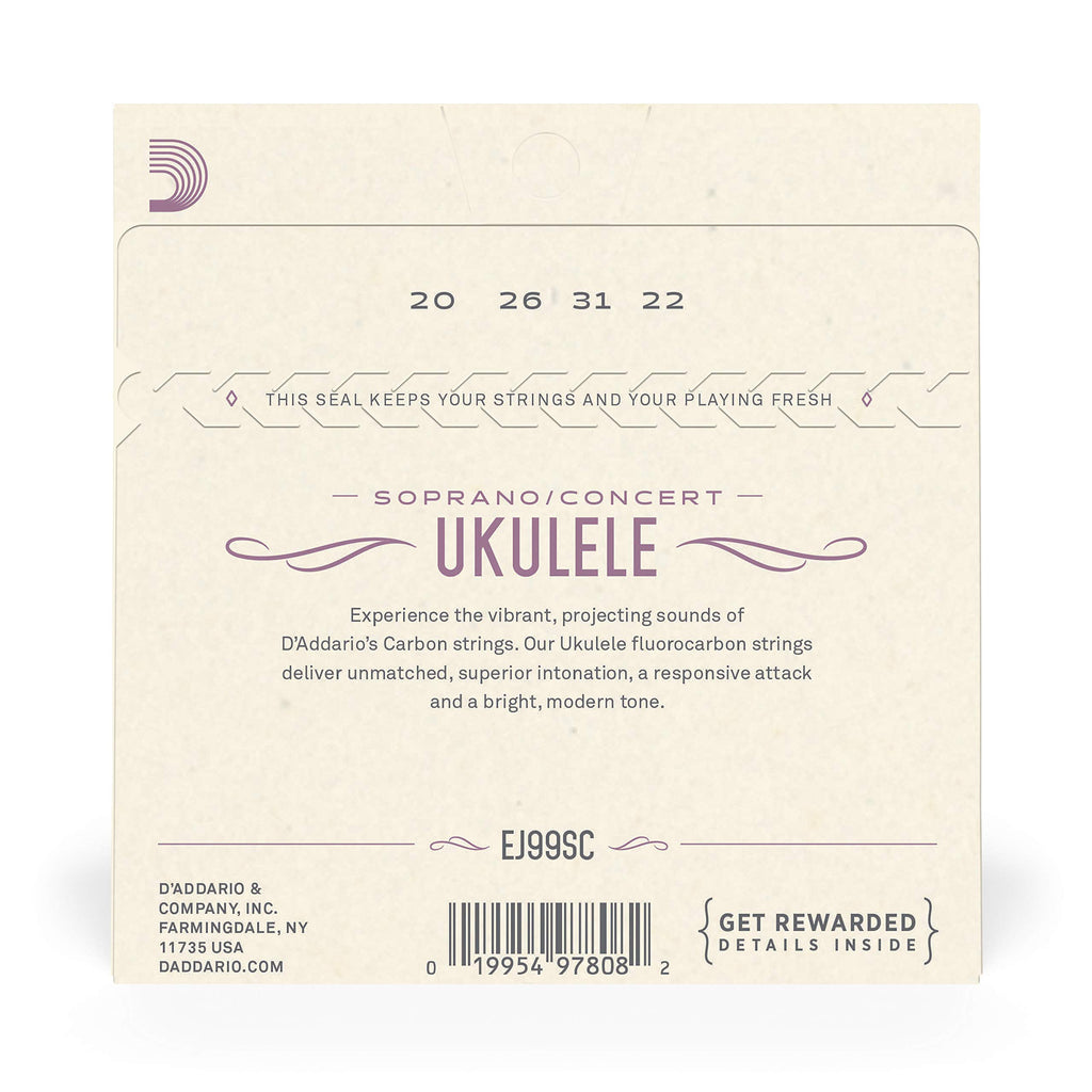 D'Addario Baritone Ukulele Strings, Fluorocarbon, EJ99B, 4-String Set, Pack of 1