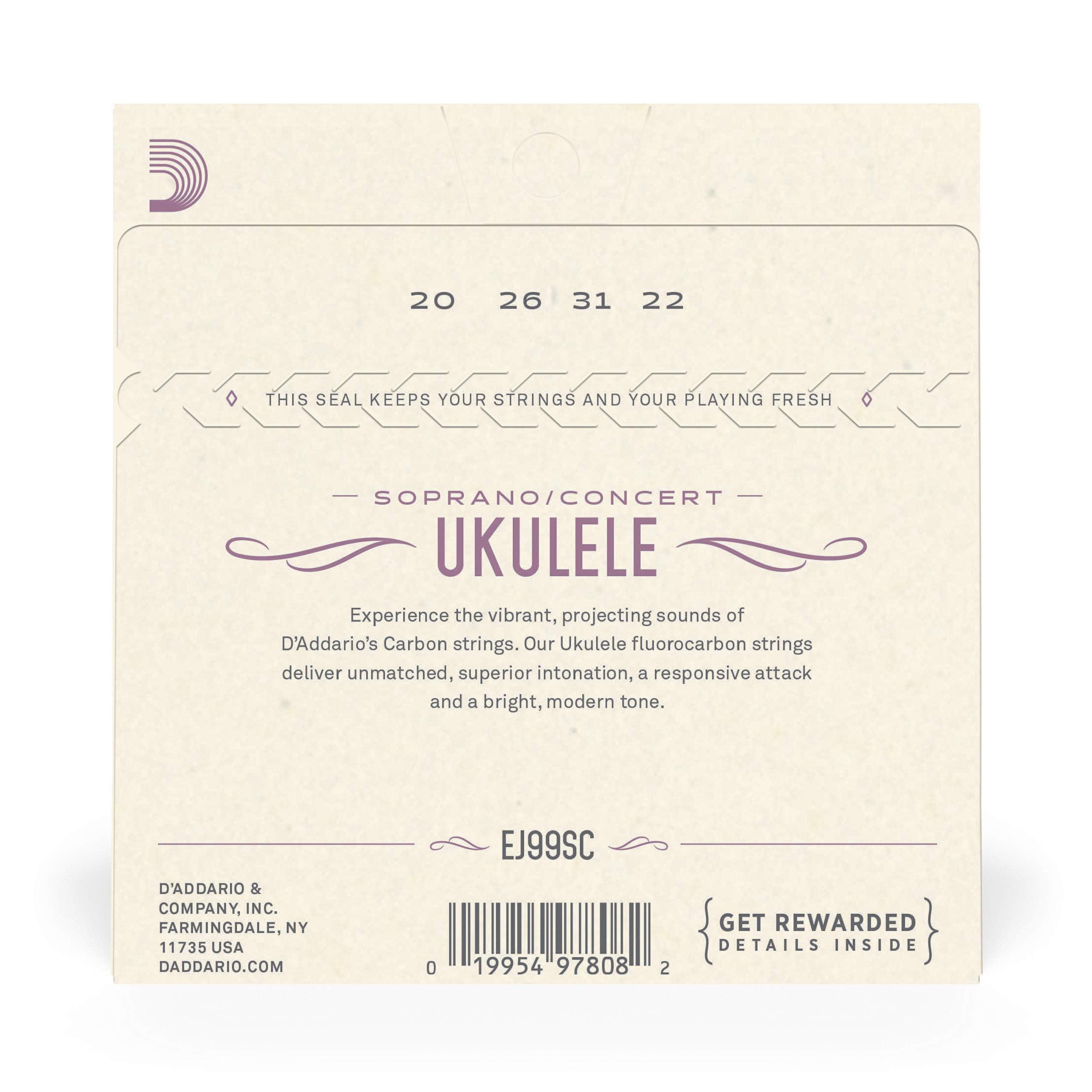 D'Addario Baritone Ukulele Strings, Fluorocarbon, EJ99B, 4-String Set, Pack of 1