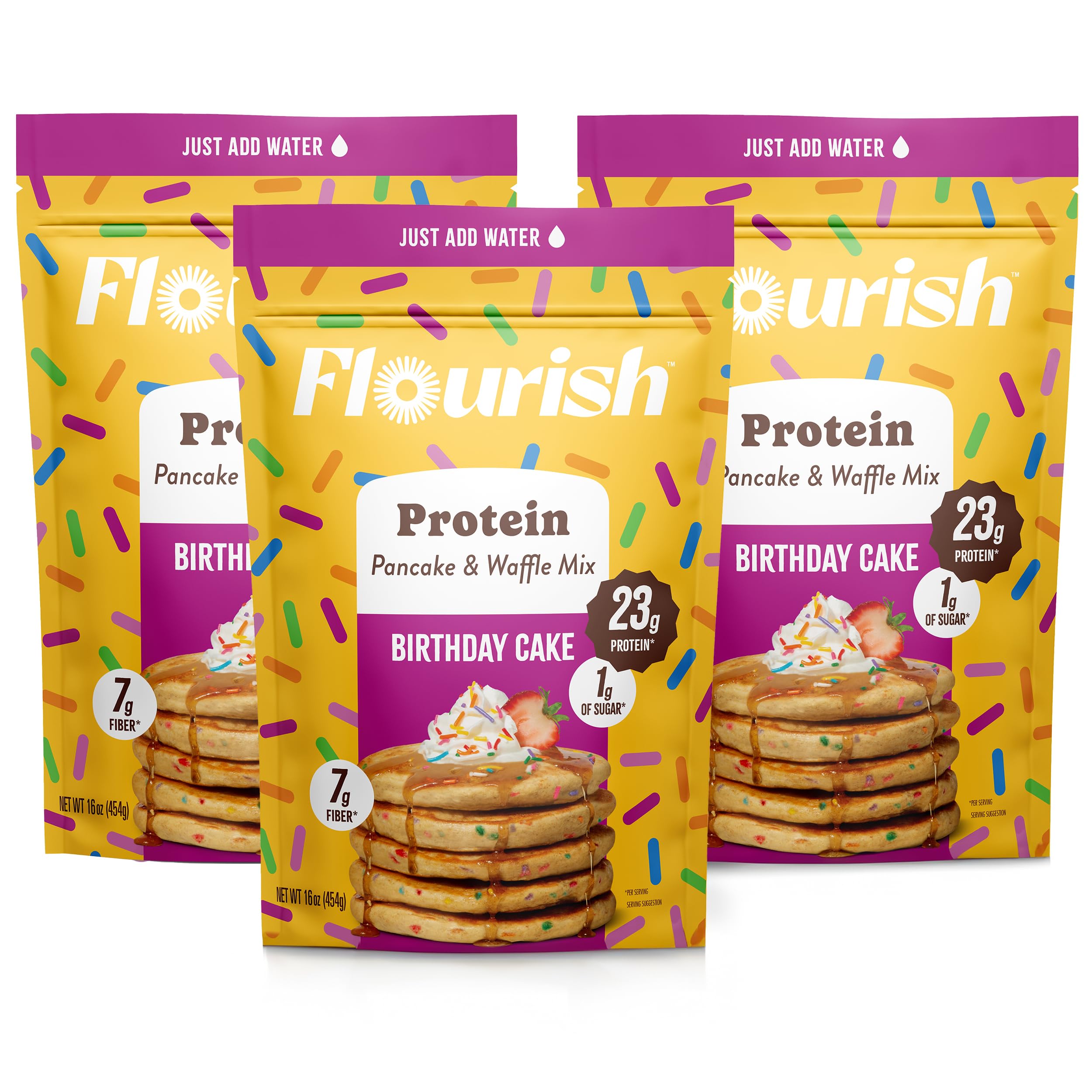 Flourish Protein Pancake & Waffle Mix, with Whey Protein & Flax Seed, No Added Sugar, High in Protein & Fiber - Just Add Water - Birthday Cake Flavour 16oz (2 pack)