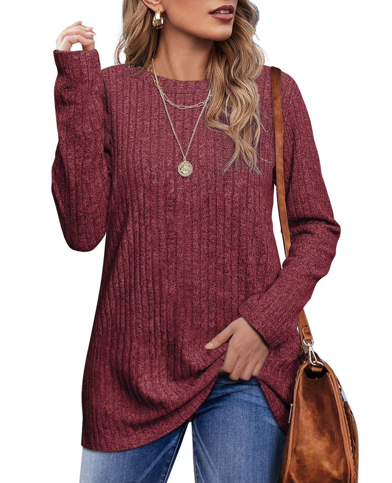 OFEEFAN Long Sleeve Shirts for Women Loose Fit Crew Neck Tunic Tops Blouse Dressy Casual Fall Winter Clothes Outfits