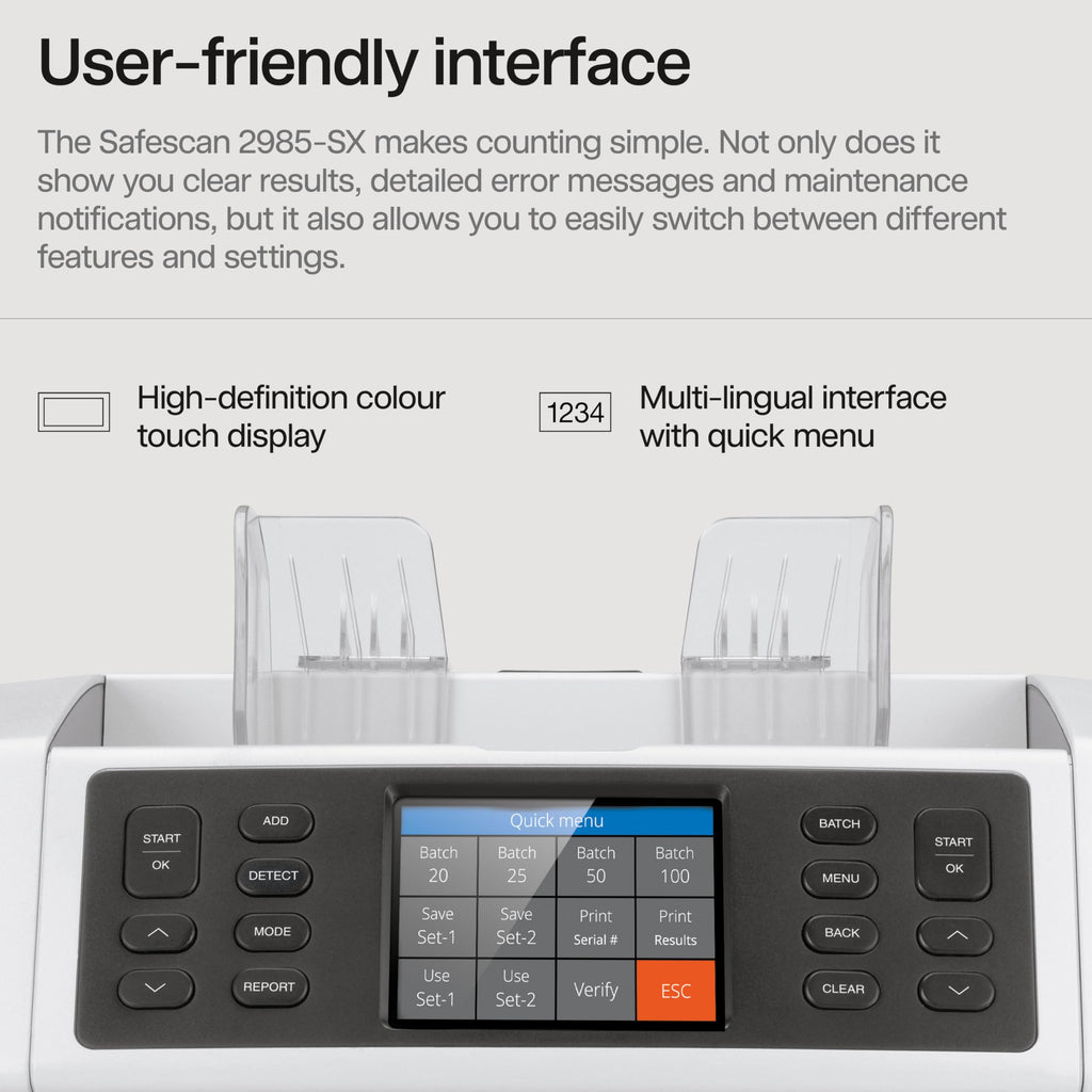 Safescan 2210 Money Counter Machine with Counterfeit Detection, Add/Batch Modes, LCD-Display, High-Speed Counts 1,000 bills per minute, 2 Point Counterfeit Check - Sorted Counter for All Currencies