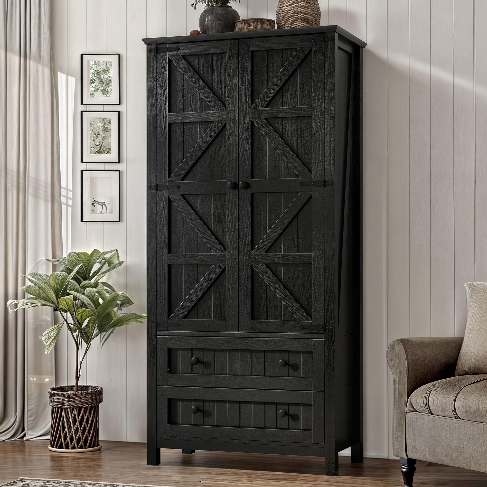 DWVO Farmhouse Kitchen Pantry Cabinet, 64.5" Tall Storage Cabinet with 2 Drawers and Adjustable Shelves, Versatile Storage for Living Room, Dining Room or Hallway, Oak Black