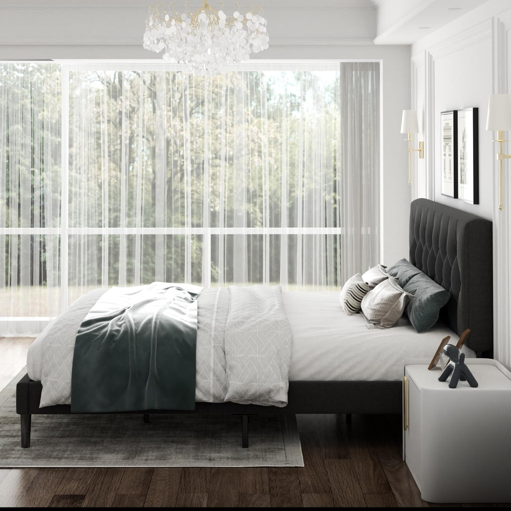 CXVX Full Size Platform Bed Frame with Upholstered Headboard, Button Tufted Design, Strong Wooden Slats, No Box Spring Needed, Easy Assembly, Noise Free