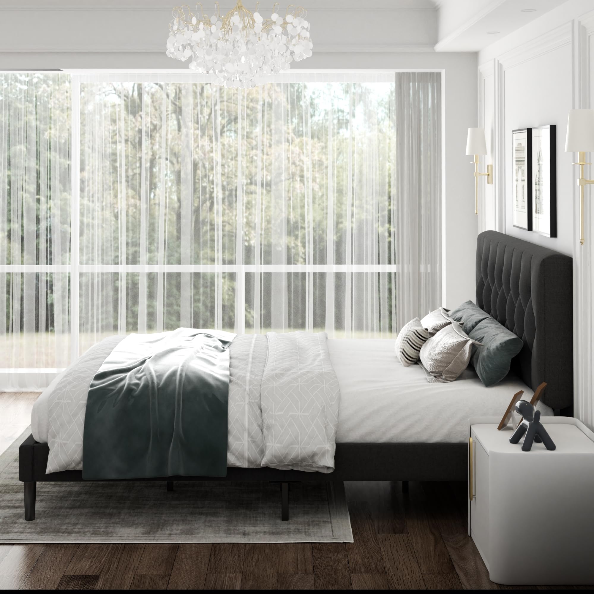 CXVX Full Size Platform Bed Frame with Upholstered Headboard, Button Tufted Design, Strong Wooden Slats, No Box Spring Needed, Easy Assembly, Noise Free