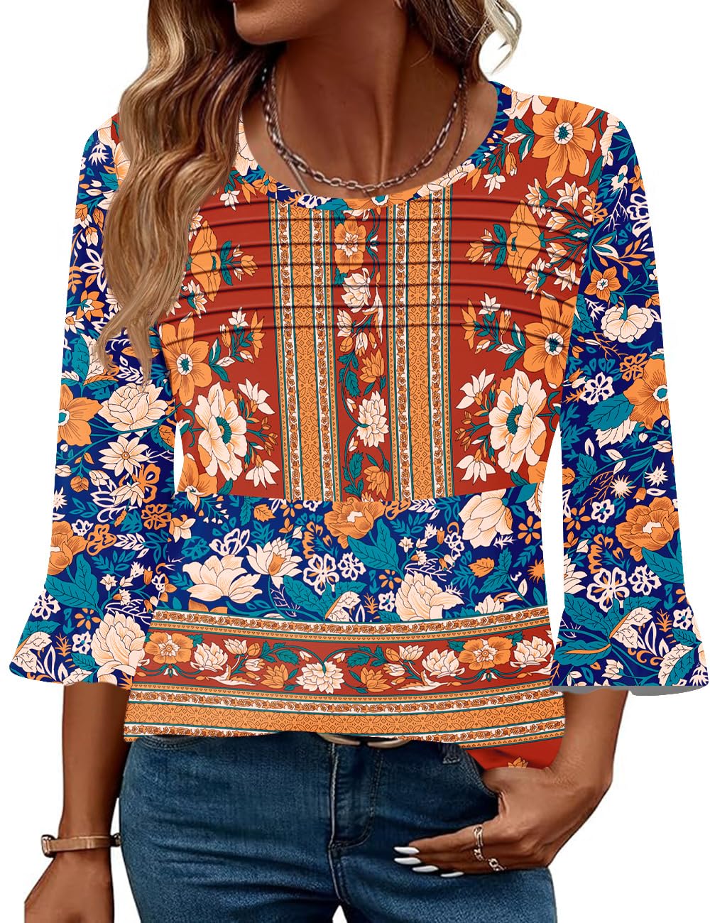 Blingfit Womens Tops 3/4 Length Sleeve Dressy Casual Shirts Bell Sleeve Front Pleated Fasion Trendy Summer Blouses 2026