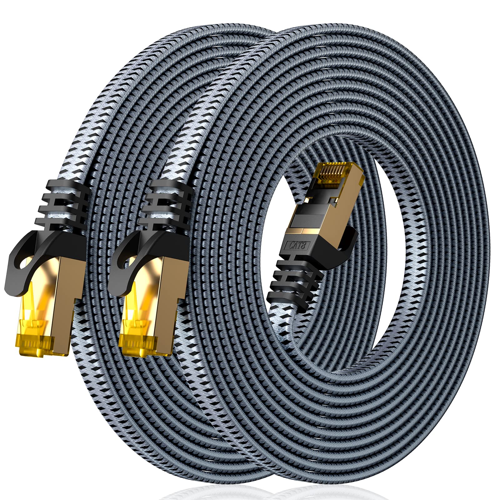 ARISKEEN Cat 8 Ethernet Cable 1 FT 2 Pack, Nylon Braided High Speed Cat8 Network LAN Patch Cord, 40Gbps 2000Mhz Shielded RJ45 Flat Internet Cable (Black)