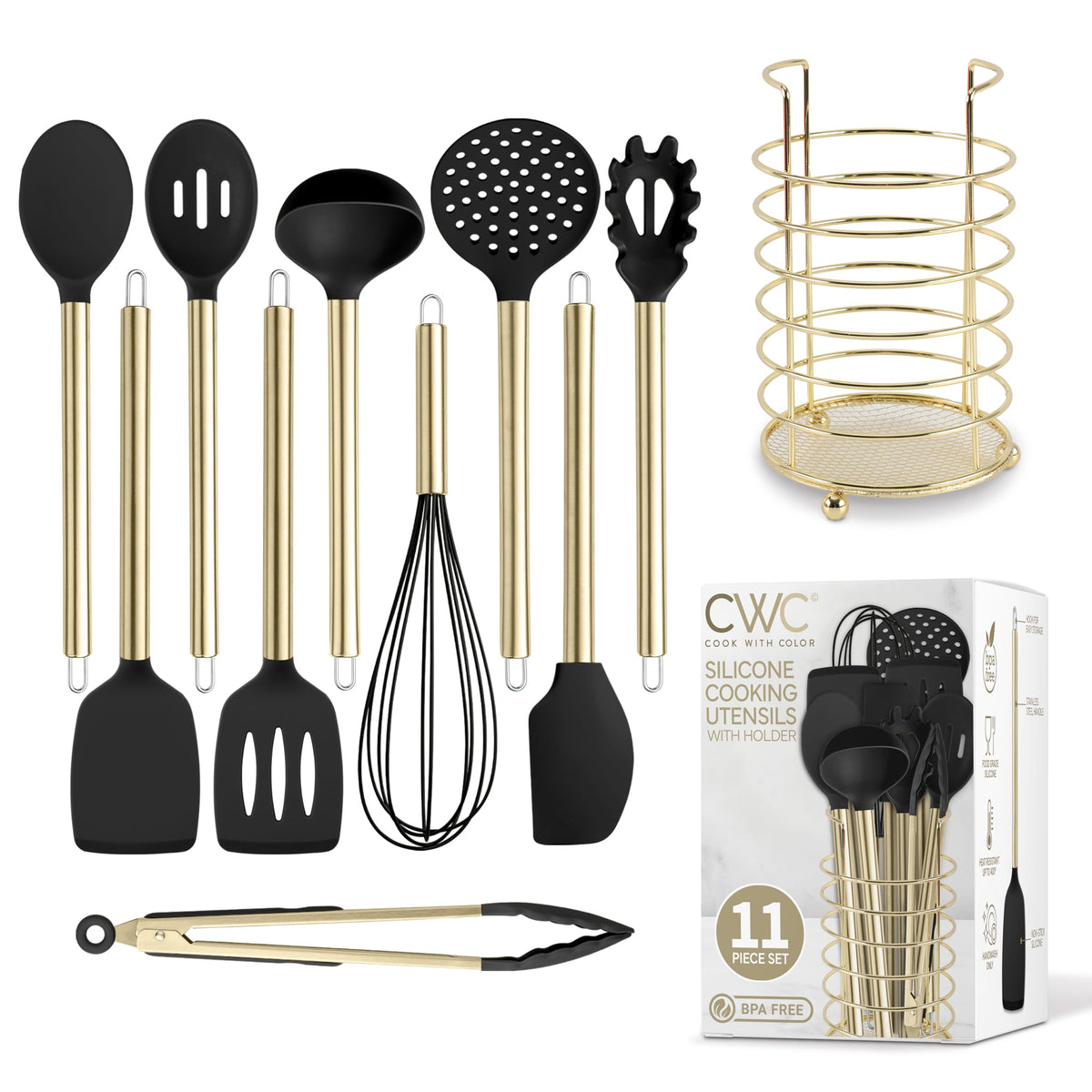 COOK WITH COLOR Silicone Cooking Utensils, Kitchen Utensil Set, Easy to Clean Silicone Kitchen Utensils, Cooking Utensils for Nonstick Cookware, Kitchen Gadgets Set with Holder, 10 Pieces