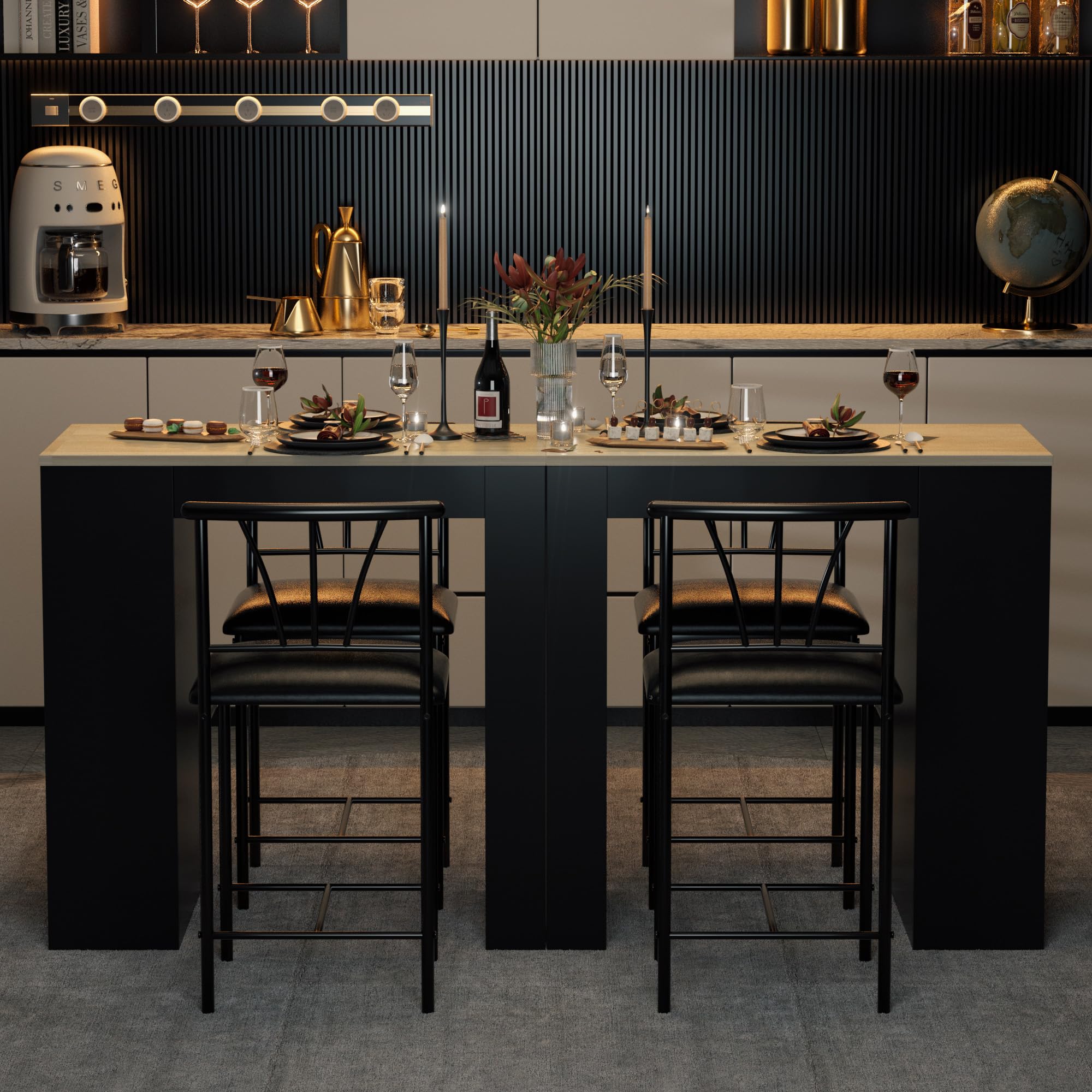 VECELO Small Bar Table and Chairs Tall Kitchen Breakfast Nook with Stools/Dining Set for 2, Storage Shelves, Space-Saving, Gray