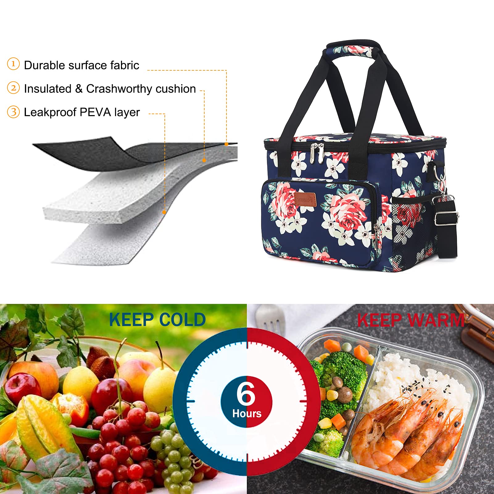Femuar Lunch Bags for Women/Men, Insulated Lunch Bag for Work Office Picnic - Large Lunch Cooler Bag Leakproof Lunch Box with Adjustable Shoulder Strap for Adults - Grey (15L)