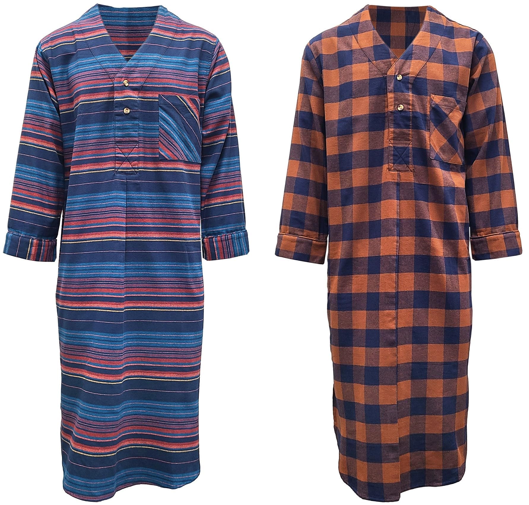 Andrew Scott Men's 2 Pack Lightweight Cotton Flannel Sleep Shirt, Long Henley Nightshirt Pajamas